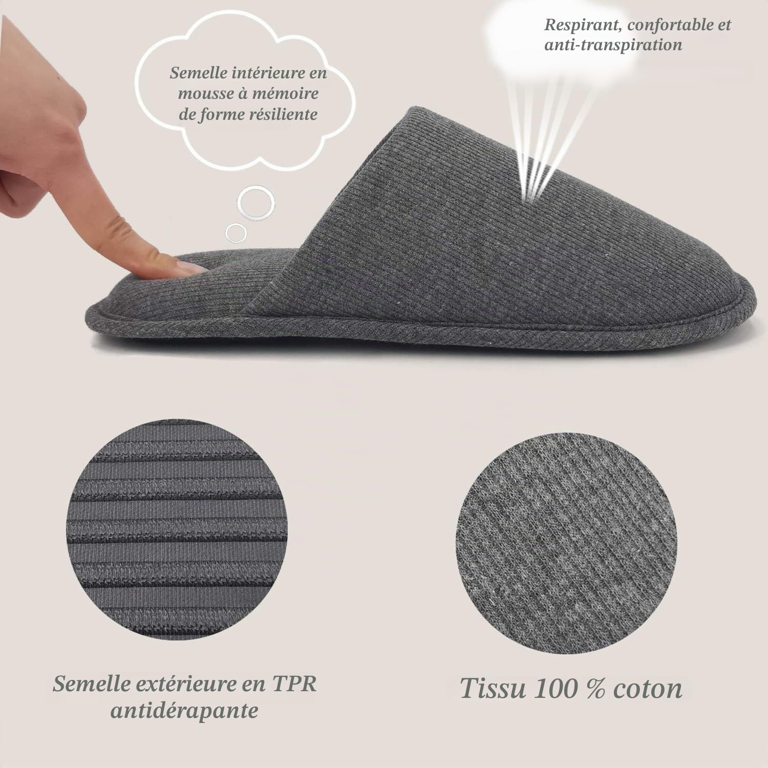 ofoot Chaussons Hommes en Coton Bio Confortable, Pantoufles Lavables Flat Intérieur Extérieur Chaussures Enfiler anti odeur