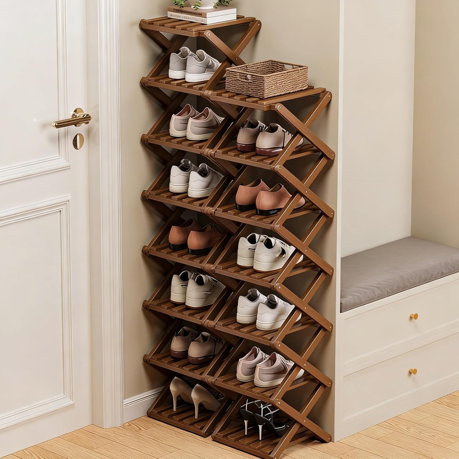 The 9-Tier No-Assembly Bamboo Rack, Foldable No Assembly Space-Saving Organizer for Shoes, Narrow Shoe Shelf for Entryway Closet Dorm(Original,9 Layers)