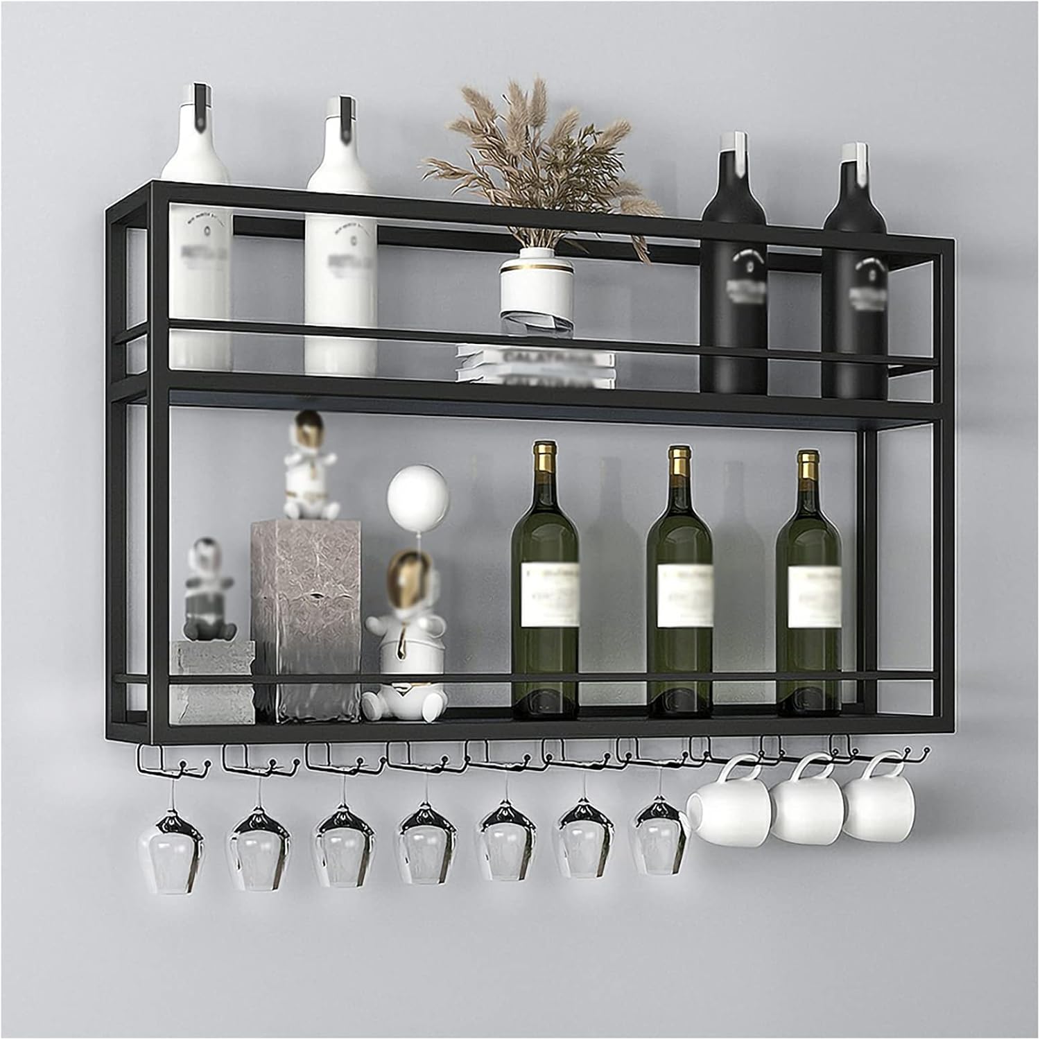 Industrial Wall Mounted Wine Rack 2-Tier Wood Wine Bottle Shelf with Glass Holders Living Room Kitchen Solid Wood Storage Rack/Decorative Rack (Color : Black SizeName : 80x20x65cm)