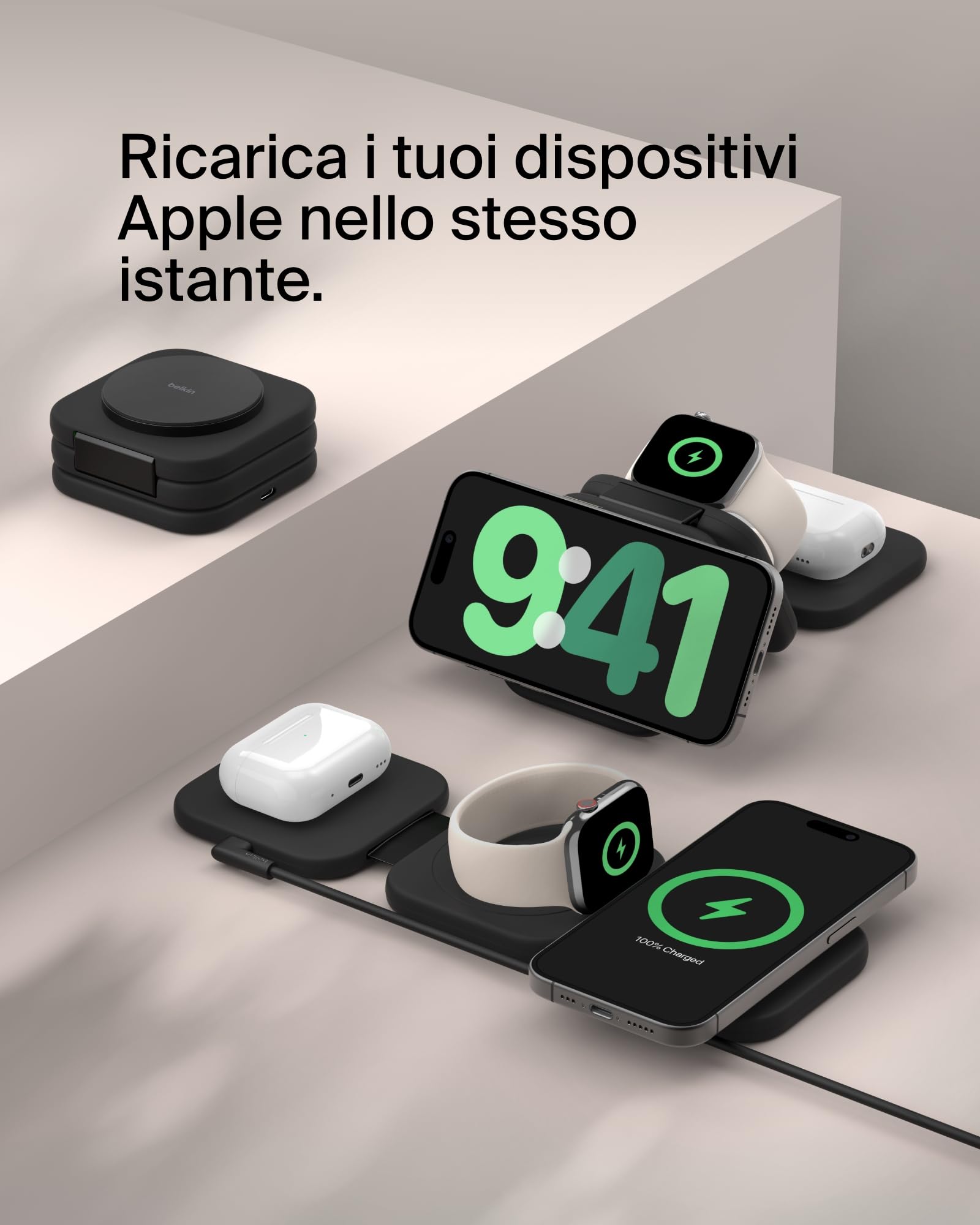 Belkin BoostCharge Pro Caricabatteria Wireless pieghevole da viaggio 3 in 1 con Qi2, 15W, tappetino di ricarica wireless MagSafe per iPhone 17, Air, Pixelsnap, Apple Watch e AirPods