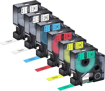 6-Pack Compatible for Dymo D1 12mm Black on Color Labels Set for 160 280