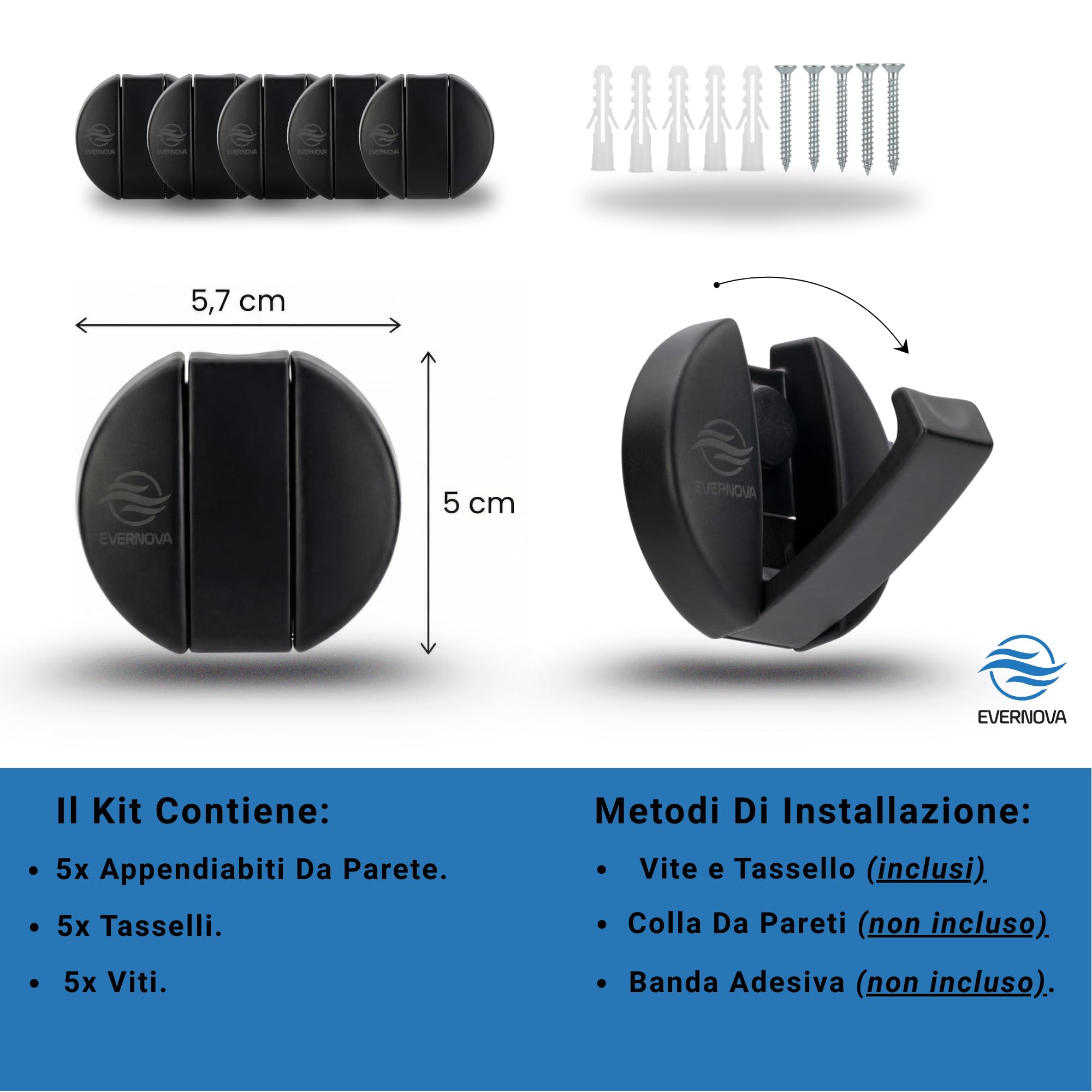 Appendiabiti da parete Set da 5, Resistenza fino a 25 kg, Design Elegante, Facili da Installare, Ideali per Casa, Cucina e Ufficio (Nero)