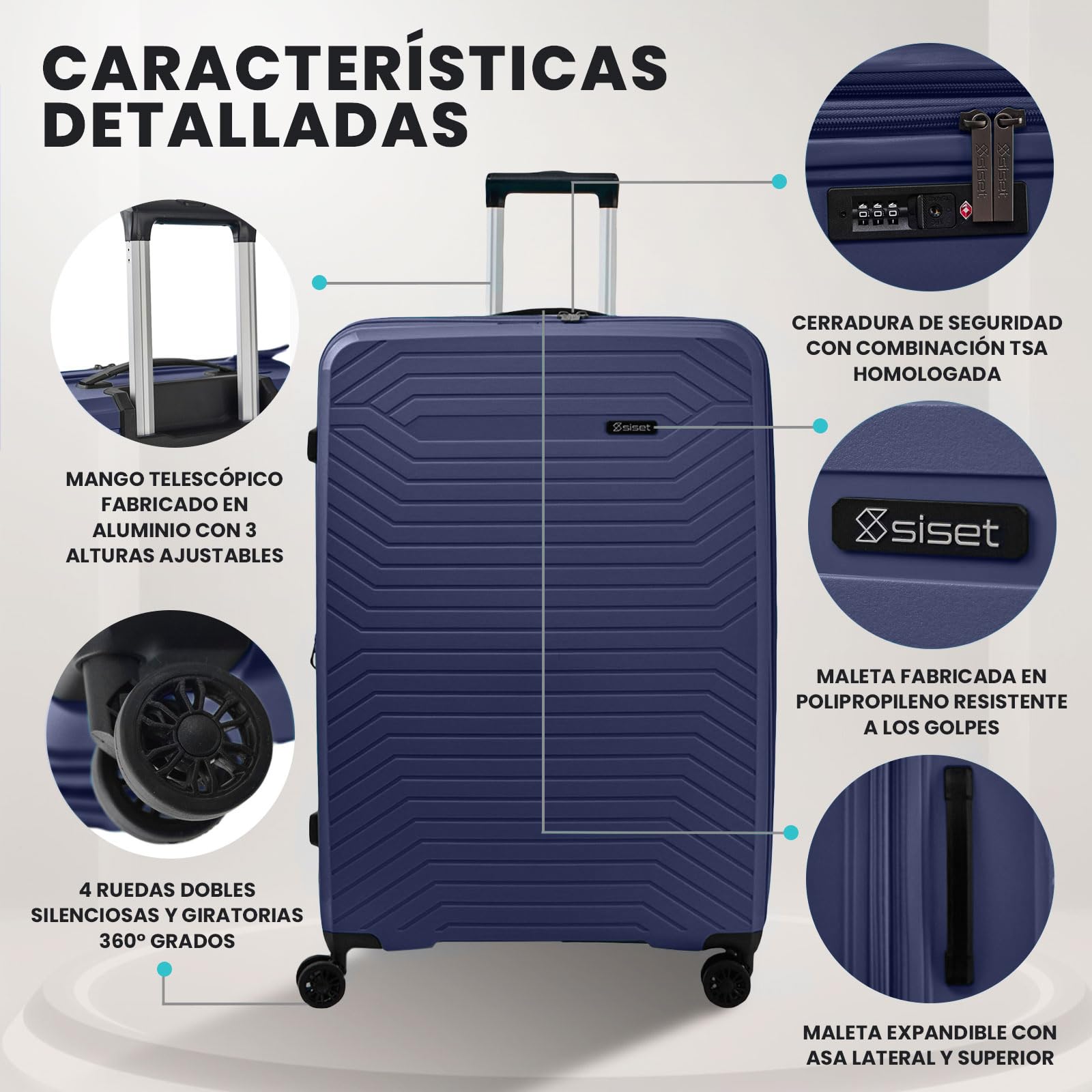 Air Nova - Maleta de Viaje Grande (23Kg) Expandible (76x52x30/33cm), Fabricada en Polipropileno, 4 Ruedas Dobles y Cerradura Combinación TSA. (Grande XL), (115L), (4.5kg), (Azul Marino).