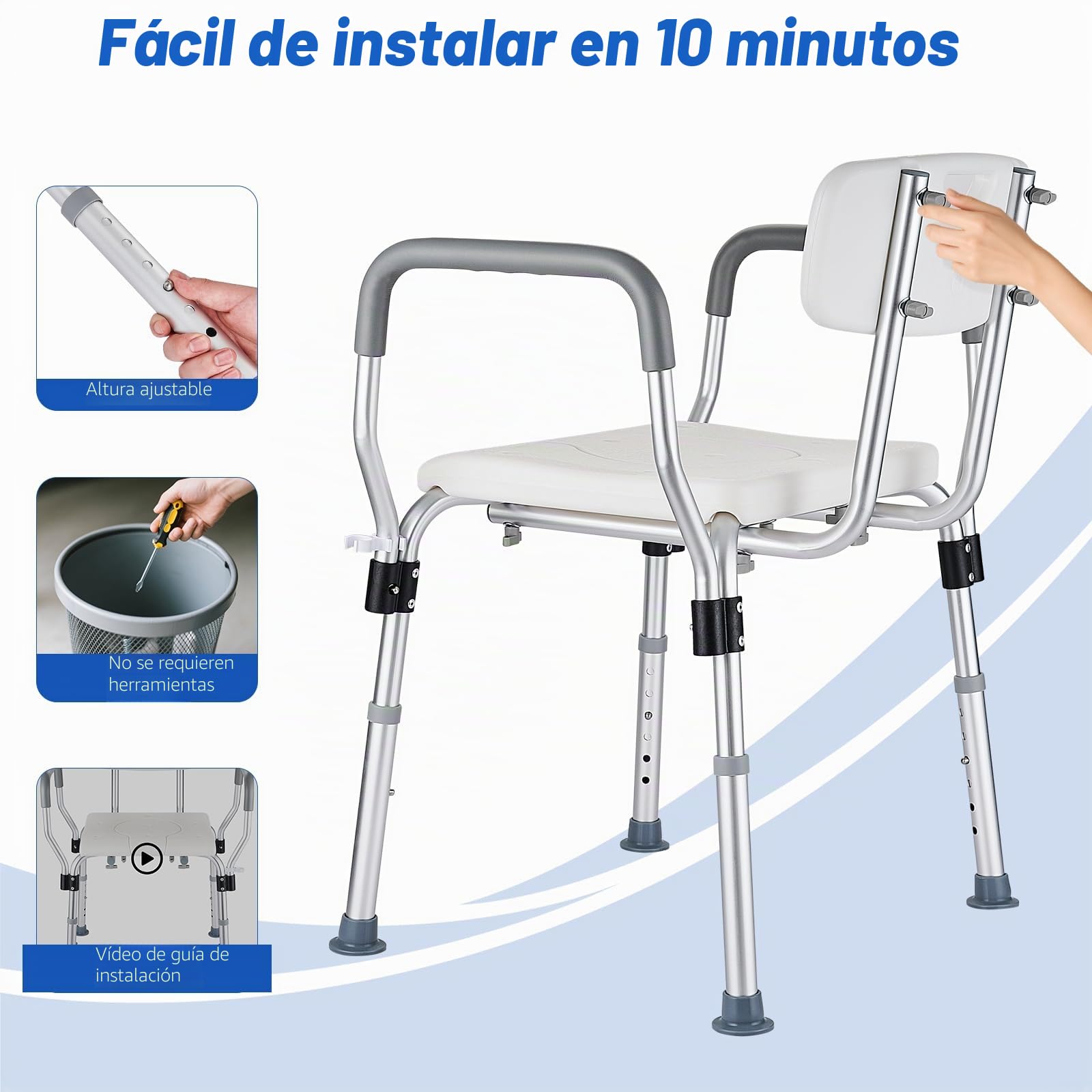 Silla de Ducha para Mayores, Asiento Extraíble en Forma de U para Taburetes de Ducha y Baño con Respaldo y Brazos, Ajustable de 6 Niveles de Ducha Regulable para Ancianos y Discapacitados