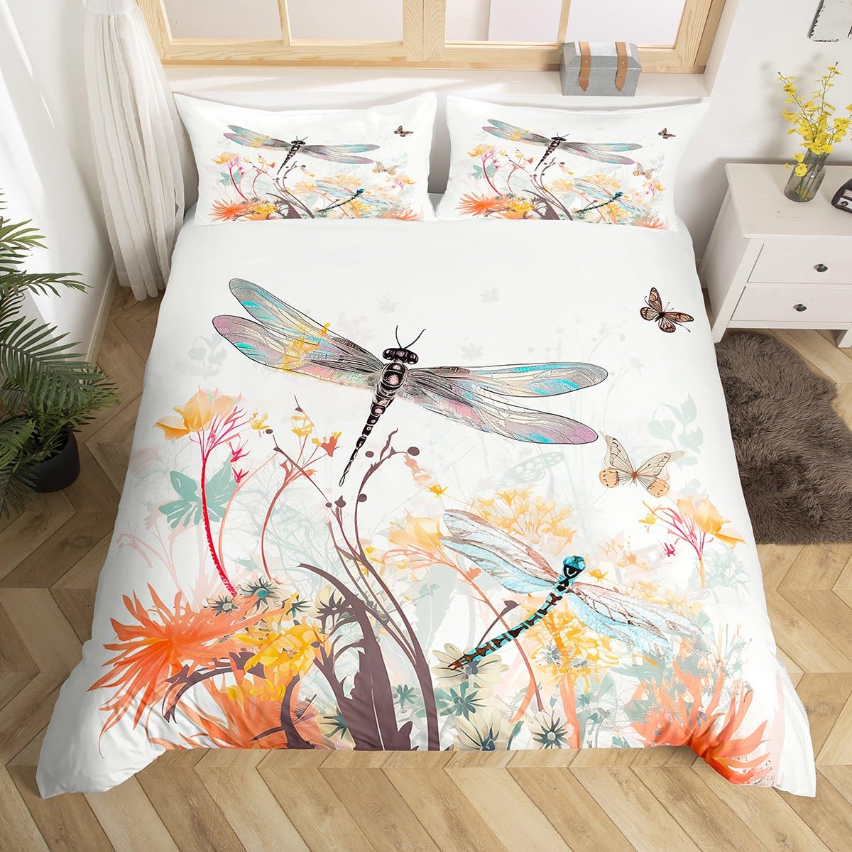 Dragonfly Duvet Cover Set Queen Size,Watercolor Floral Bedding Set 3Pcs for Kids Girls Boys Women Room Decor,Nature Animals Botanical Comforter Cover Spring Boho Style Quilt Cover,2 Pillowcases