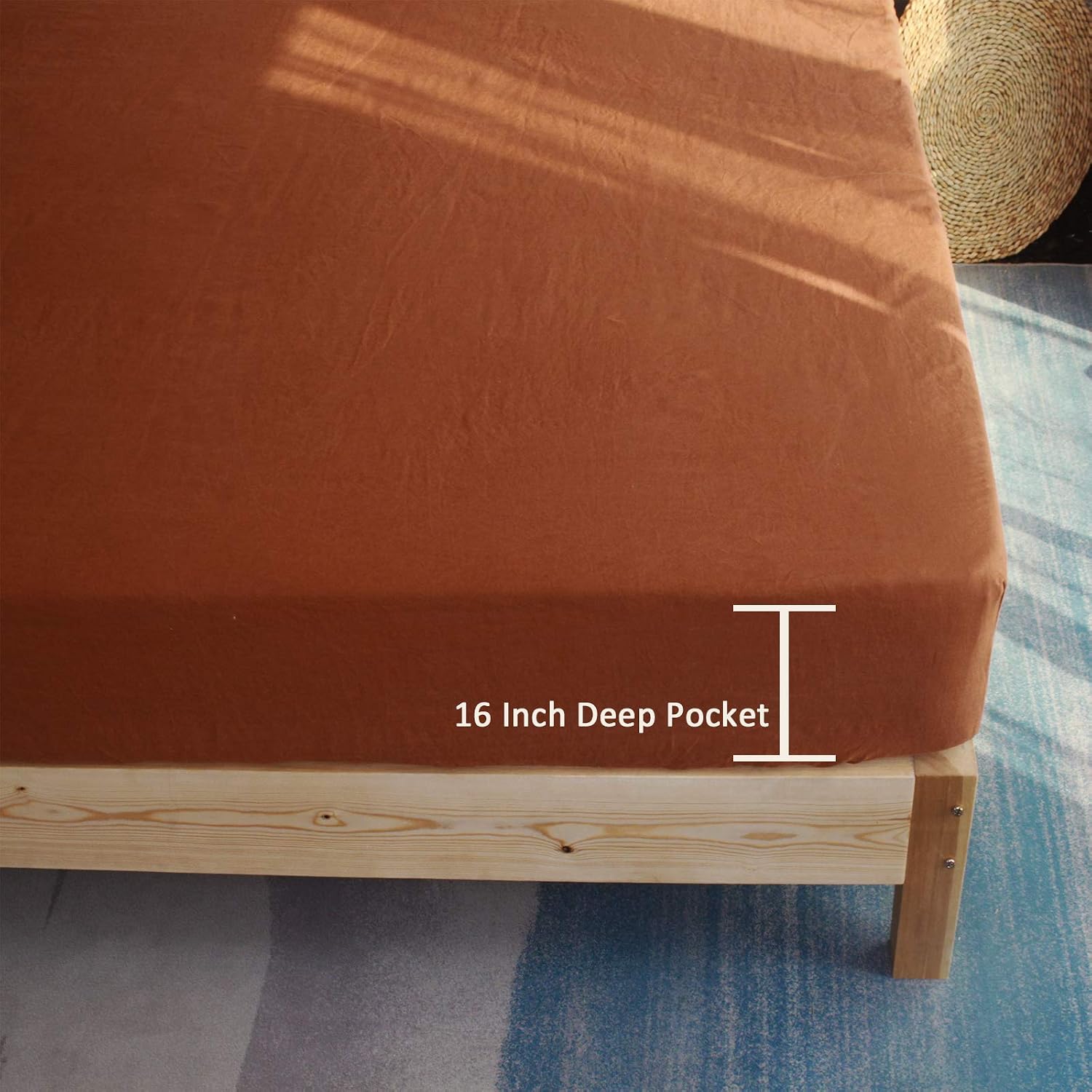 S VICTORY SYMBOL 100% Organic Linen Fitted Sheet Queen Size Only 1 Piece Caramel Sheets,16inch Deep Pocket Mattress Cover 60"x80",Stone Washed French Flax Bottom Sheet(Orange)