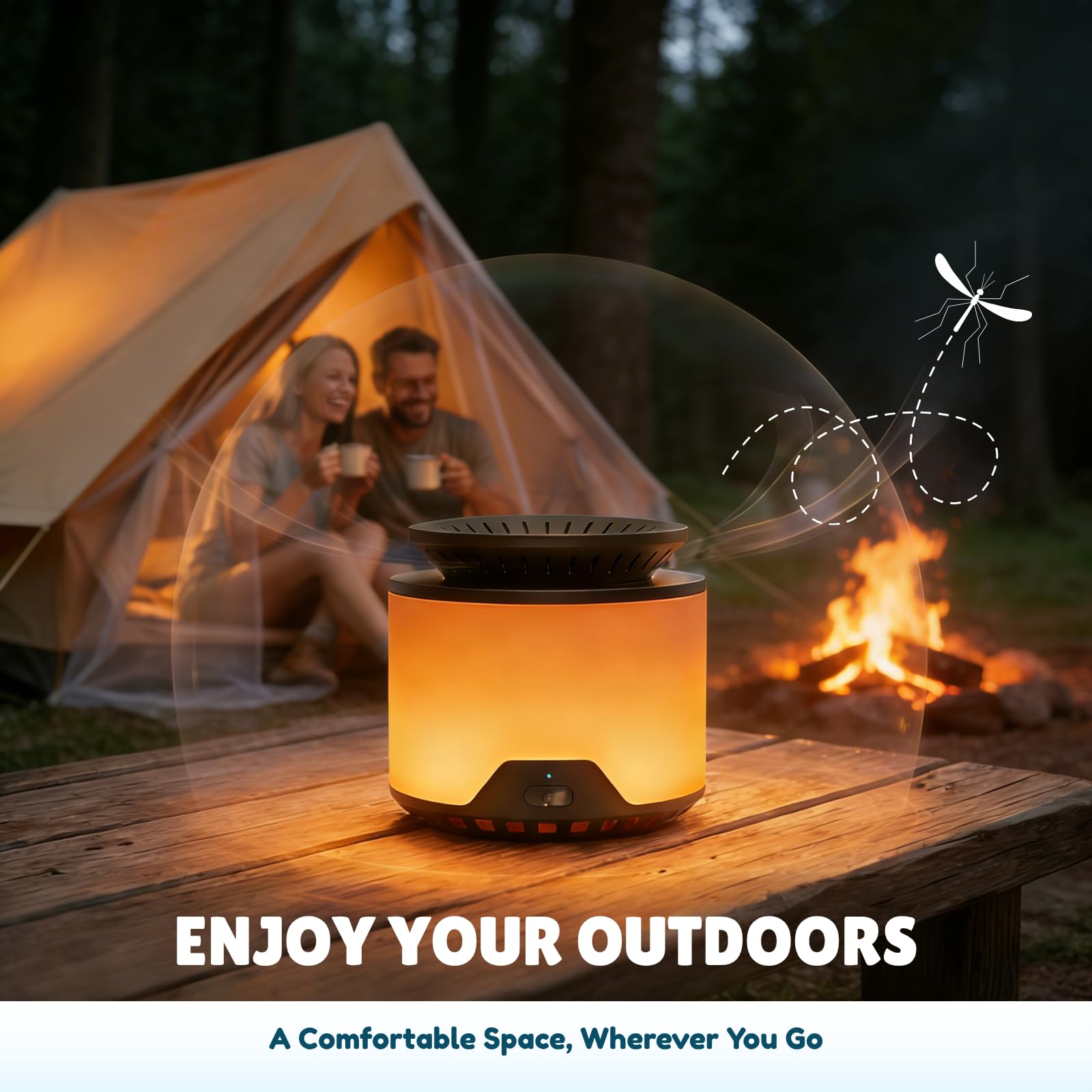 Répulsif anti-moustiques d'extérieur rechargeable avec système de cartouche botanique alimenté par ventilateur, lumière ambiante ambrée, batterie 1500 mAh, charge USB-C, 2 cartouches incluses