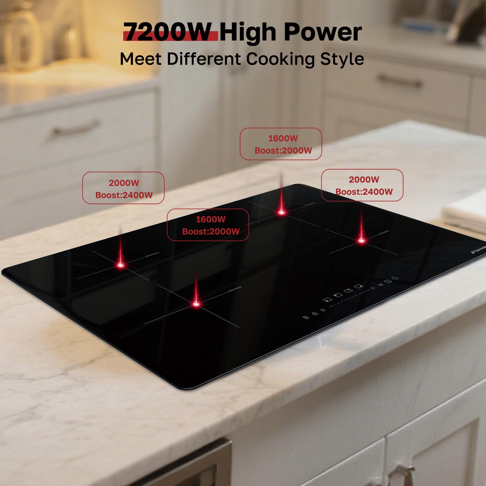 Placa de inducción de 30 pulgadas, estufa de inducción integrada de 7200 W, estufa eléctrica con quemador de 4 aumentos, 9 niveles de calefacción, temporizador y bloqueo de seguridad para 2