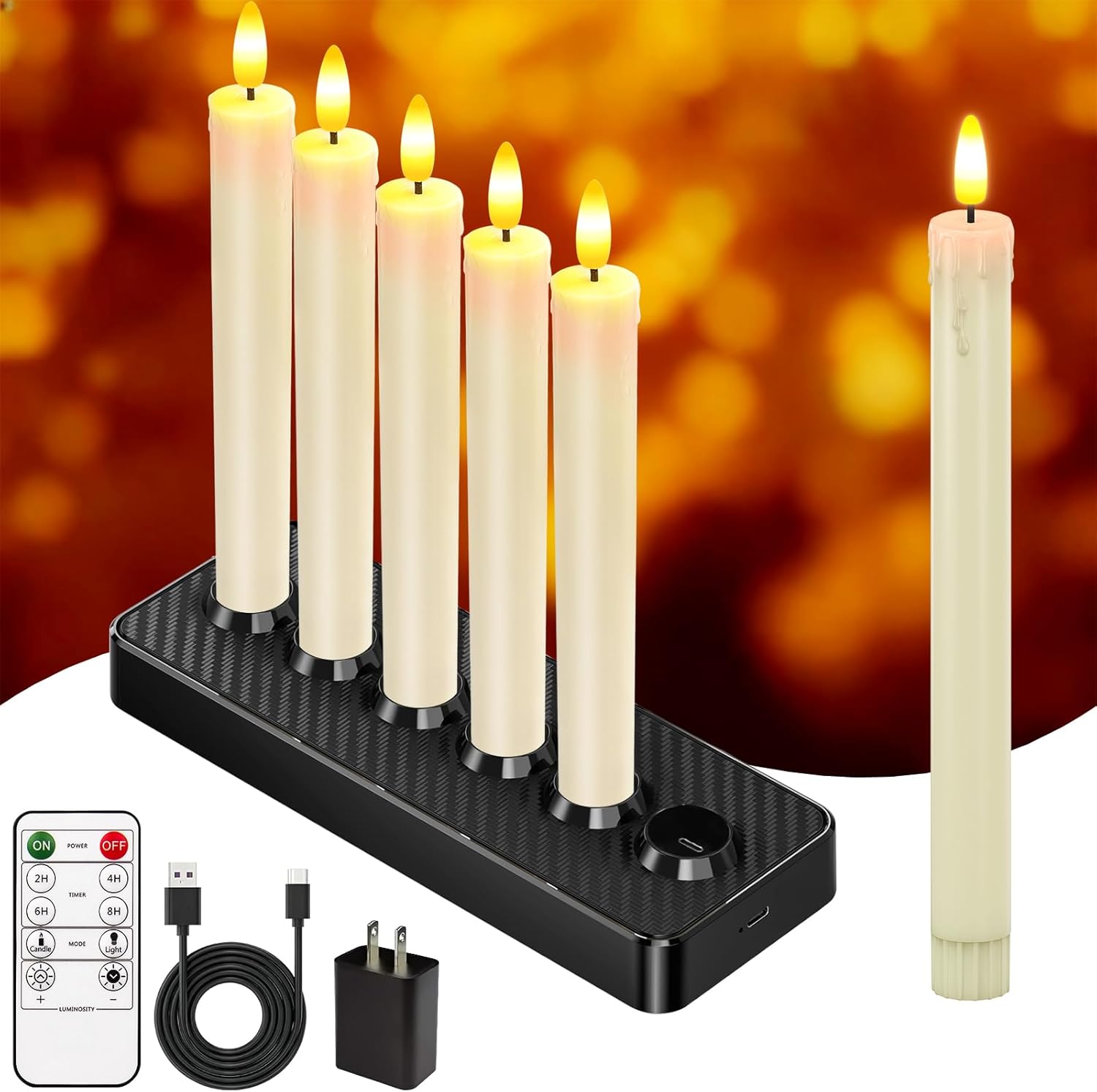 HL Rechargeable Flameless Taper Candles with Charging Base, 6 Pack LED Window Candles, Flickering Battery Operated with Remote Timer, Flameless Candlesticks for Halloween Christmas Decorations (Ivory)
