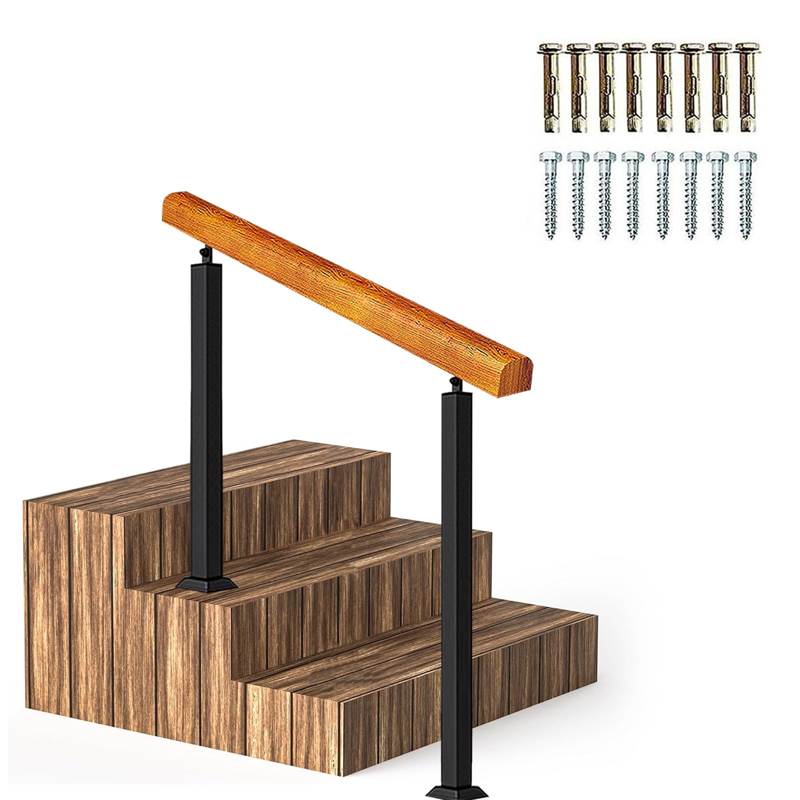 Handrails for Outdoor Steps, Wooden Handrail Fit 1-2 Steps Outdoor Stair Railing, Floor Mounted Transitional Porch Railings for Concrete Steps or Wooden Stairs with Metal Base(Height 85cm,140cm/55inch