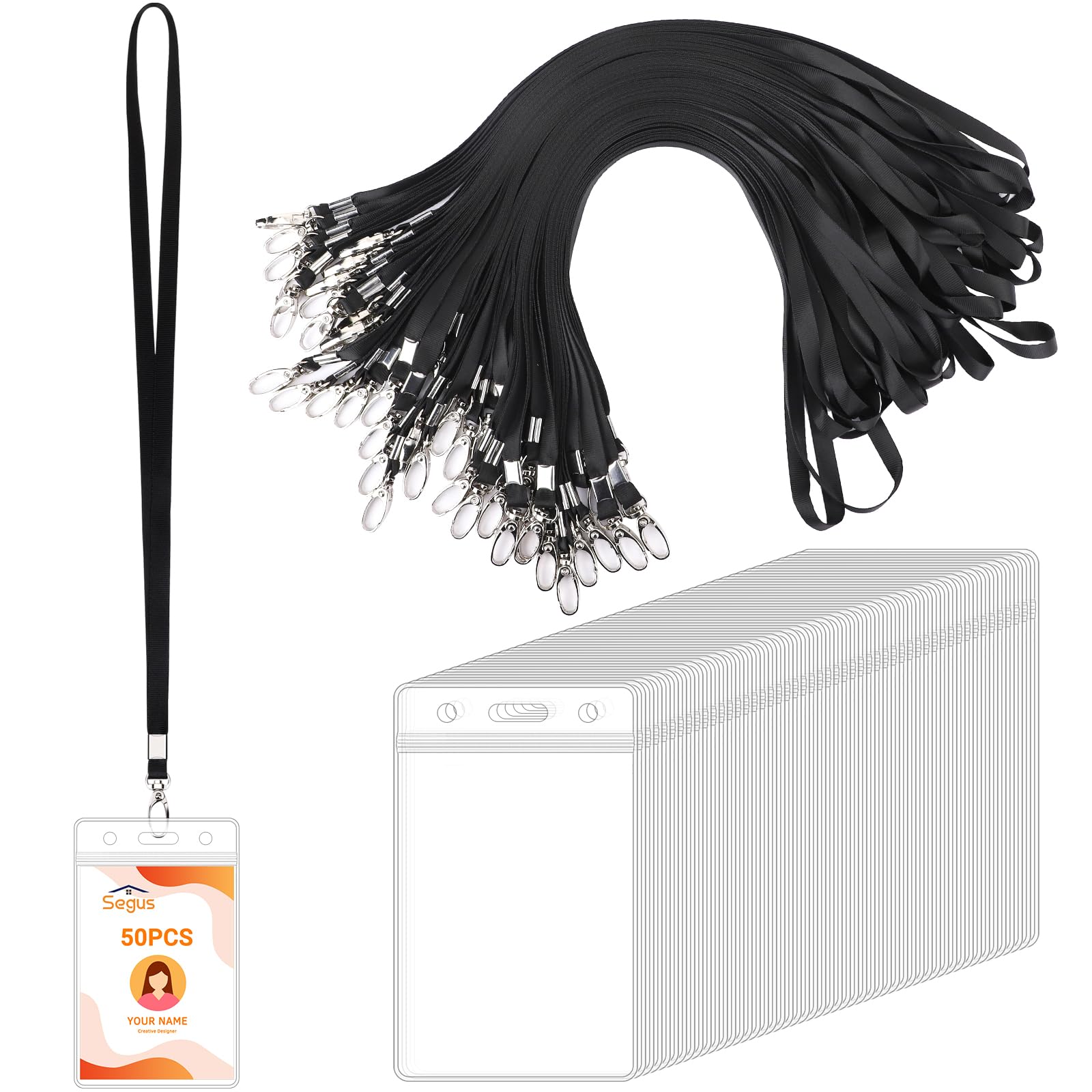 Segus Porta Tarjetas Colgante, 50 Piezas Lanyard Negro con Porta Tarjetas Identificativas, Acreditaciones Colgantes, Cuelga Llaves Cuello, para Escuelas, Exposiciones (Vertical)
