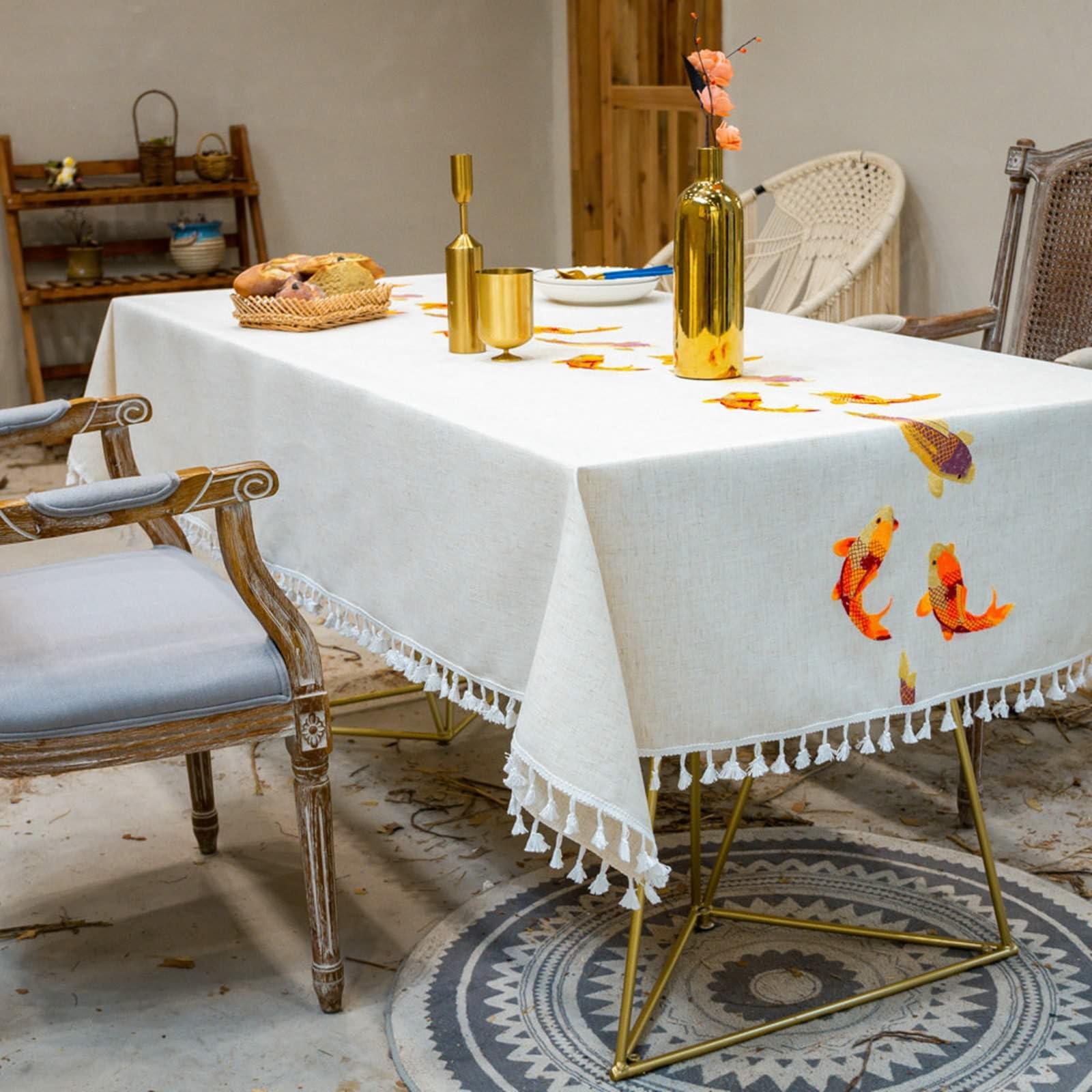 Tischdecke Küchentisch, Baumwolle Leinen Stickmuster Karpfen Tischtuch für Esszimmer, Garten, Party, Hochzeiten oder Haushalt, Orange, Orange, 100 x 160 cm