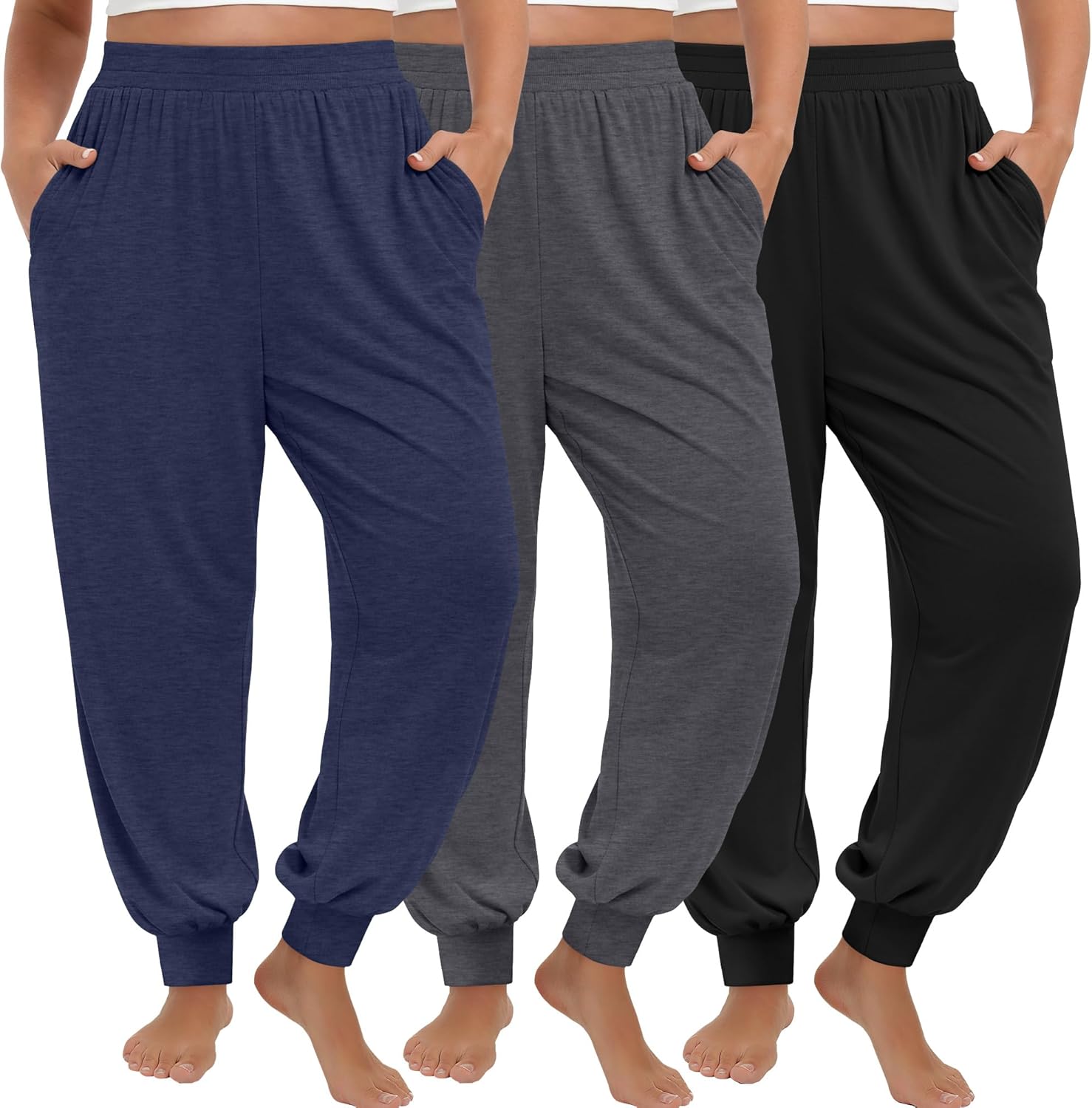 3 Pack Women's Plus Size Yoga Joggers, Comfy High Waisted Lounge Pants Loose Casual Sweatpants Pajama with Pockets
