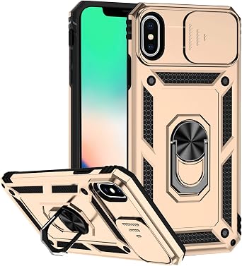iPhone X/XS Case with Lens Protection, iPhone X/XS Case with Camera Cover & Kickstand Military Grade Shockproof Heavy Duty Protective Magnetic Case for iPhone X/XS 5.8 Gold