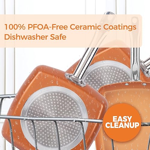 Miniatura 7 de Sartén cuadrada de cobre antiadherente, sartén de chef de 9.5 pulgadas con revestimiento de cerámica, apto para horno y lavavajillas, sin PFOA, uso