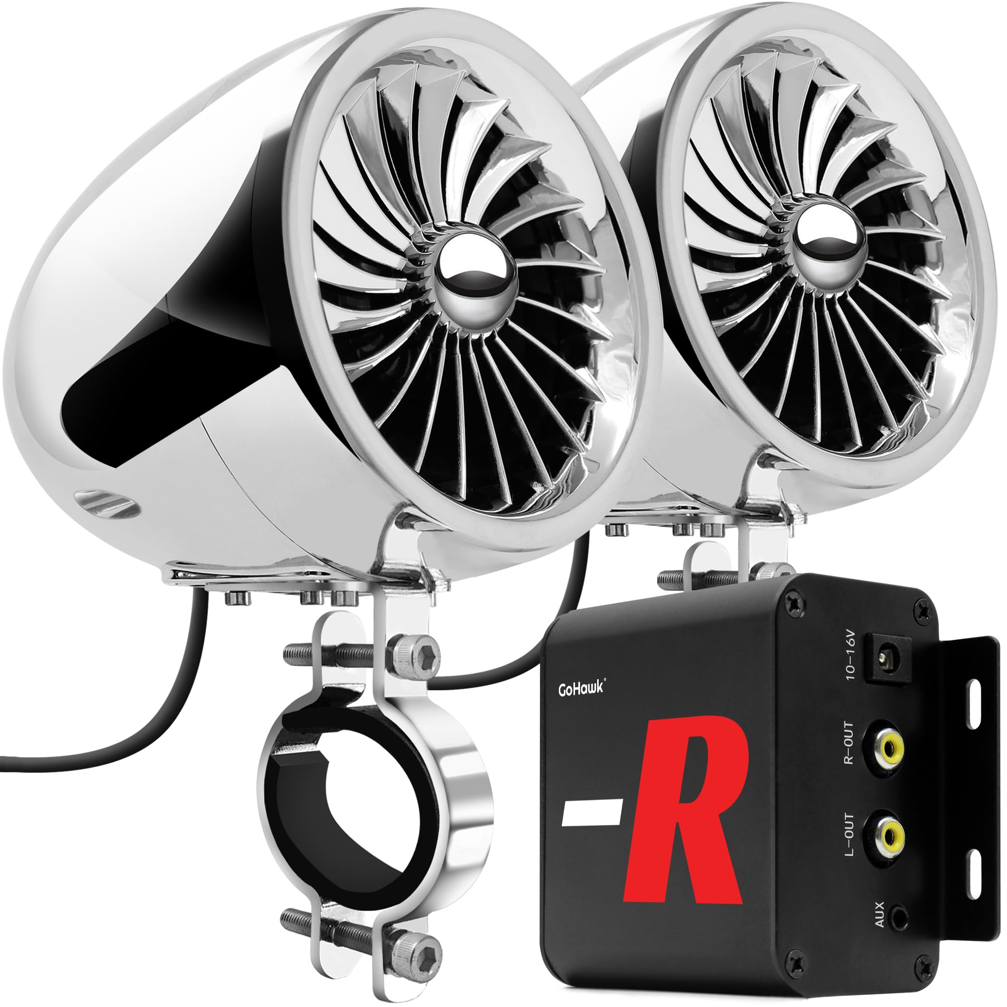 GoHawk Bluetooth Motorcycle Speakers with Amplifier, Wired Control, FM Radio, 4 Inch Weatherproof Speakers Great for Use with ATVs/Motorcycles