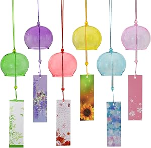 6 Pcs Japanese Wind Chimes, Colorful Glass Wind Chimes with Label Handmade Bell Wind Chime Pendent for Outside Garden Patio Home Decor (Colorful)