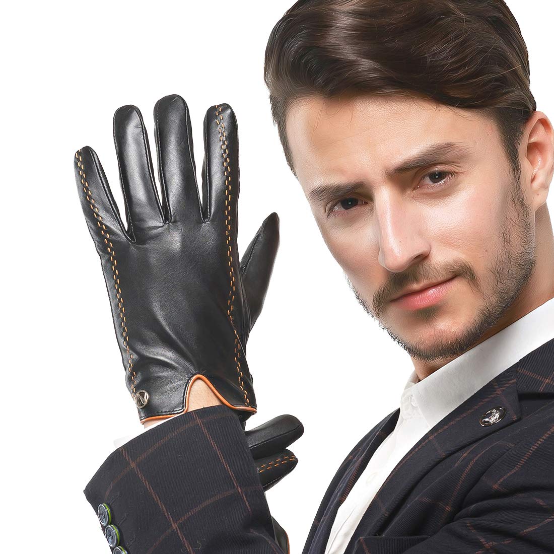 Nappaglo Men's Italian Nappa Leather Gloves Touchscreen Lambskin Warm Gloves with Lines of Hit Color (S (Palm Girth:up to 8