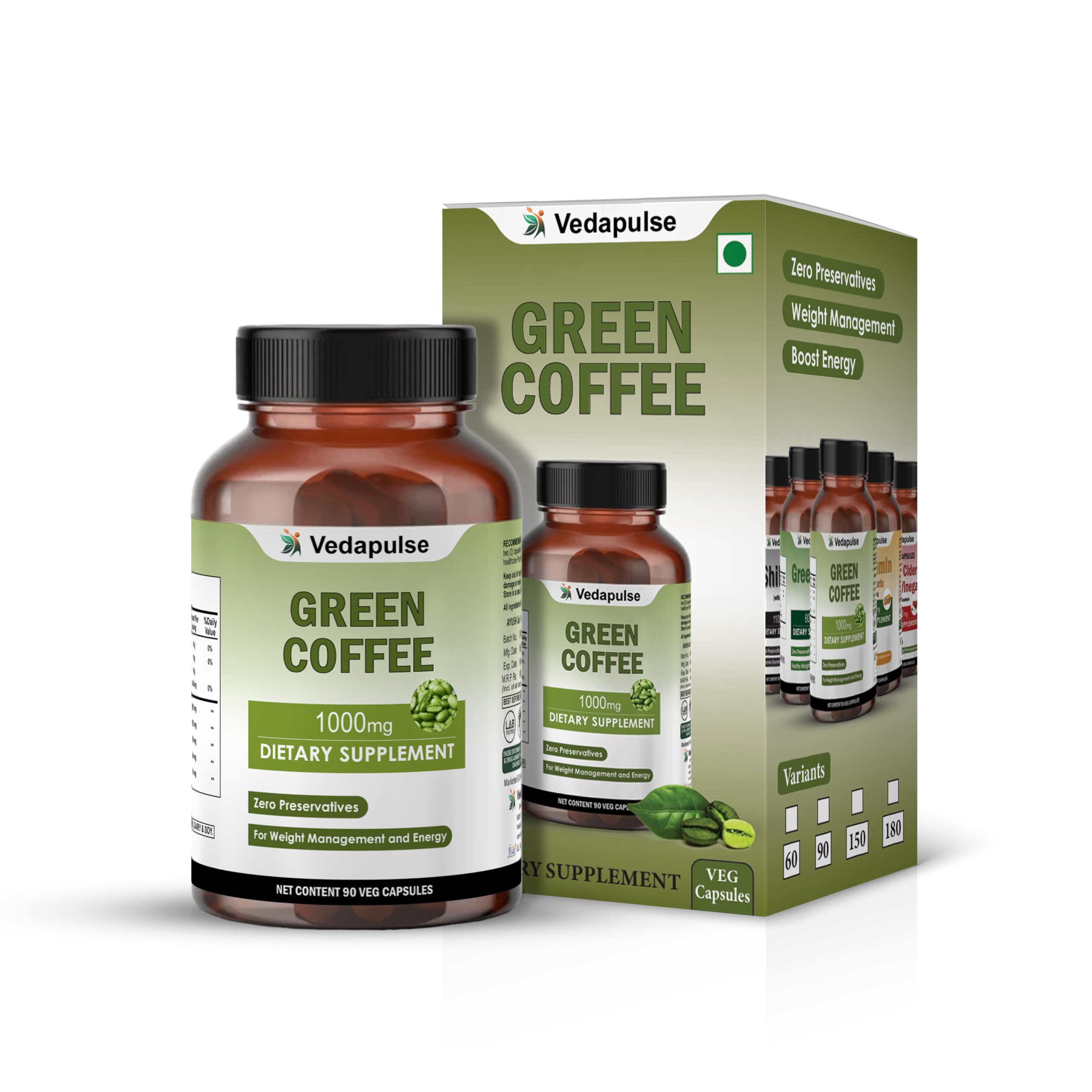Vedapulse Green Coffee Herbs Extract Capsules, 1000mg, 90 Veg Capsules, with Grape Seed, Cinnamon, Basil, Black Pepper