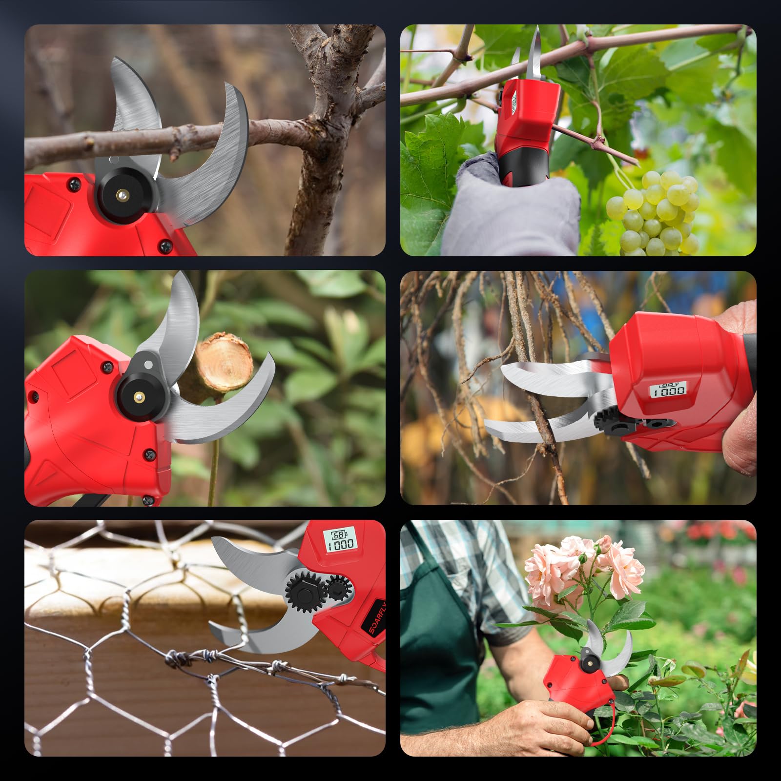SOARFLY Tijeras de Podar Electricas Inalámbricas, Motor Brushless 450W, Corte Ajustable 35 mm, 2 Baterías 21V 2000mAh, Pantalla LCD, Tijeras de Poda para Árboles Frutales y Jardín, Rojo