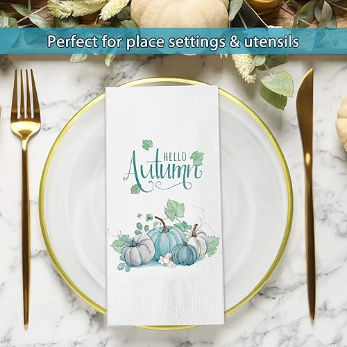 Miniatura 8 de Paquete de 100 servilletas de papel desechables de otoño con calabazas azules de Acción de Gracias, toallas de mano desechables de 3 capas para