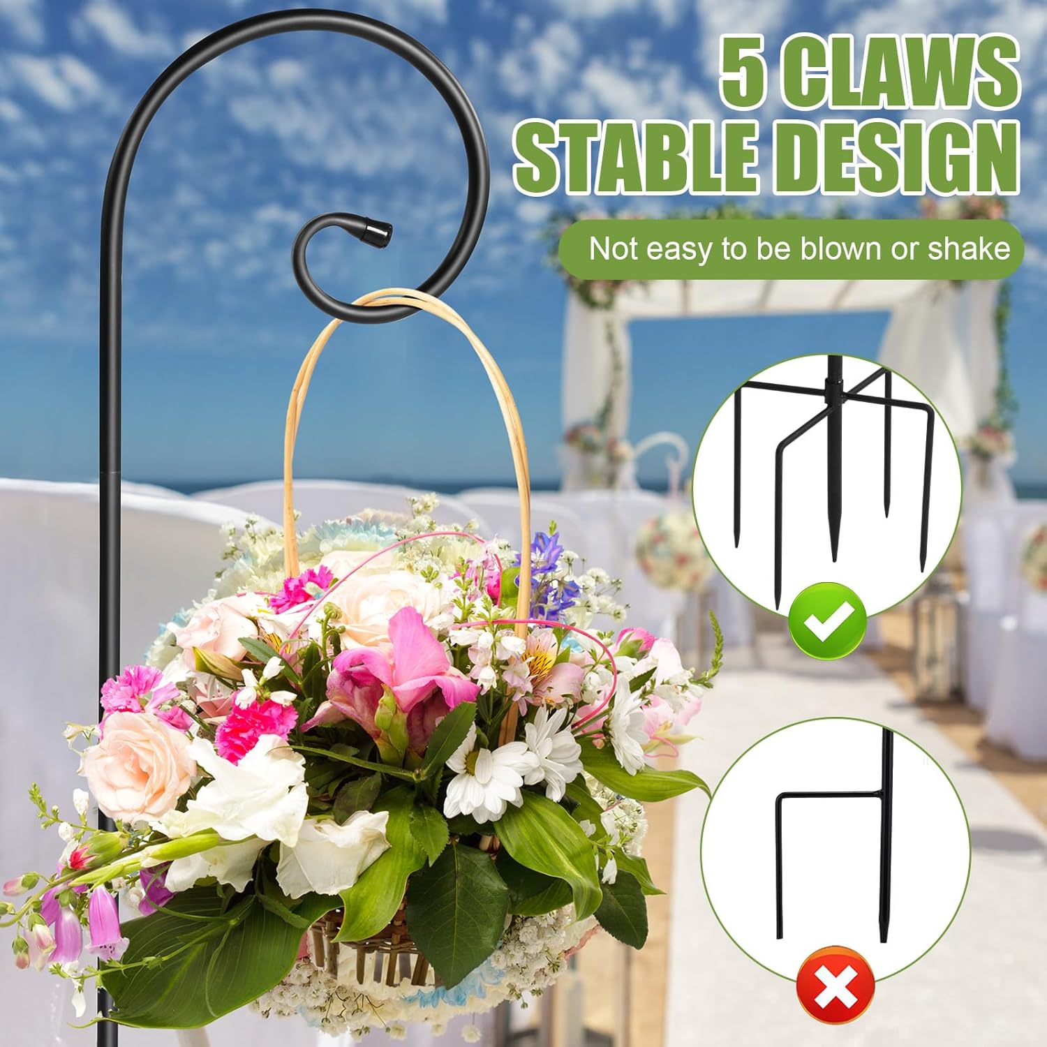 Therwen 77" Shepherd Hooks for Outdoor 6 Pack Adjustable Outside Bird Feeder with 5 Prong Base Rust Resistant Steel Heavy Duty Garden Hanger Stand for Spring Plants Solar Lights Outdoor Wedding Decor
