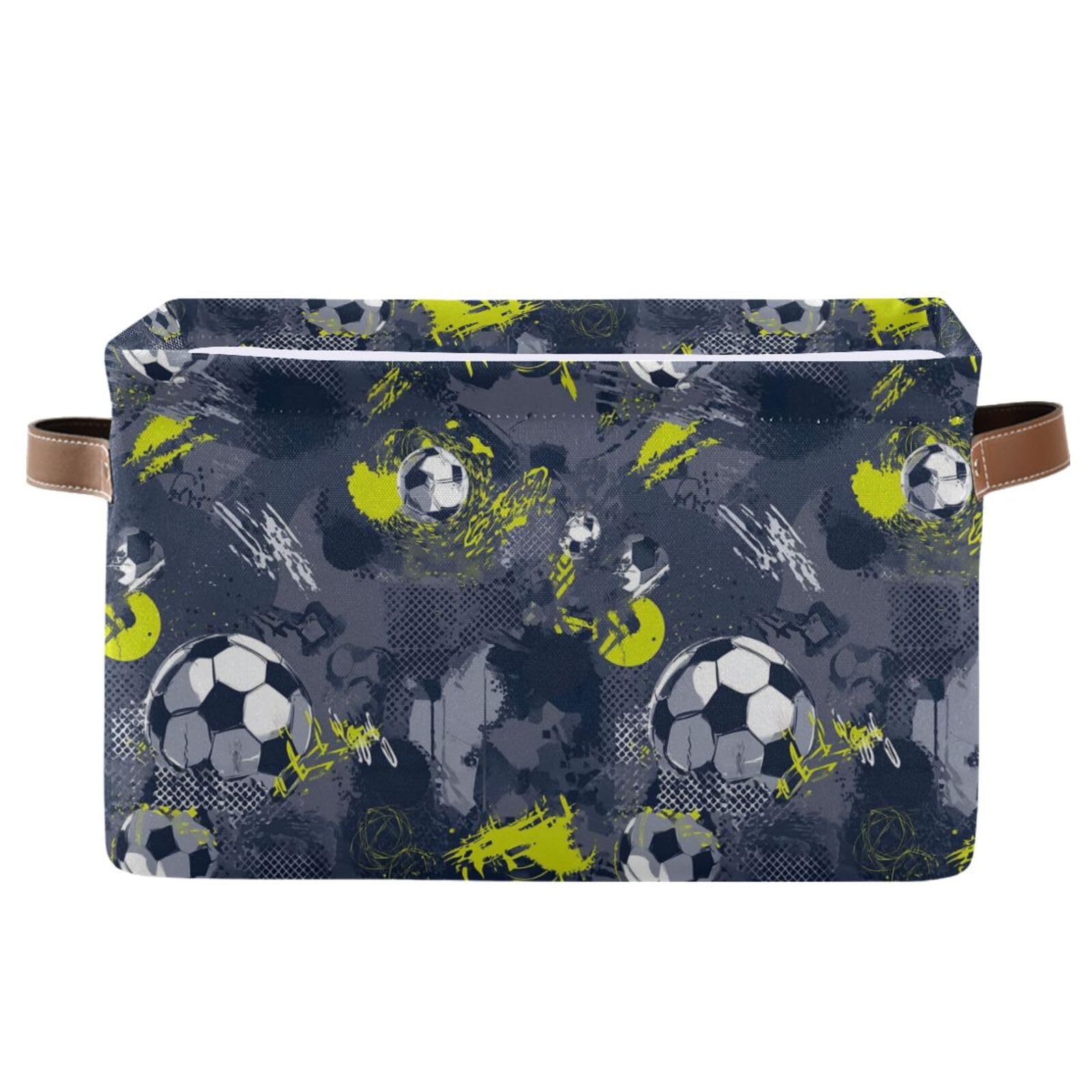 Dynamic Football Gray Yellow Storage Basket Storage Bin Collapsible Closet Organizing Storage Cubes for Home Cloth with Handle 2 Pack