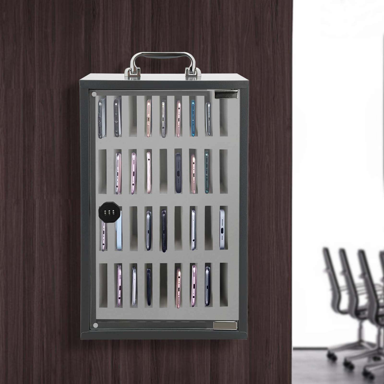 Armadietto da parete in acciaio inox con serratura a combinazione per telefoni cellulari, perfetto per aule, uffici, fabbriche e laboratori (nero, 36 slot)