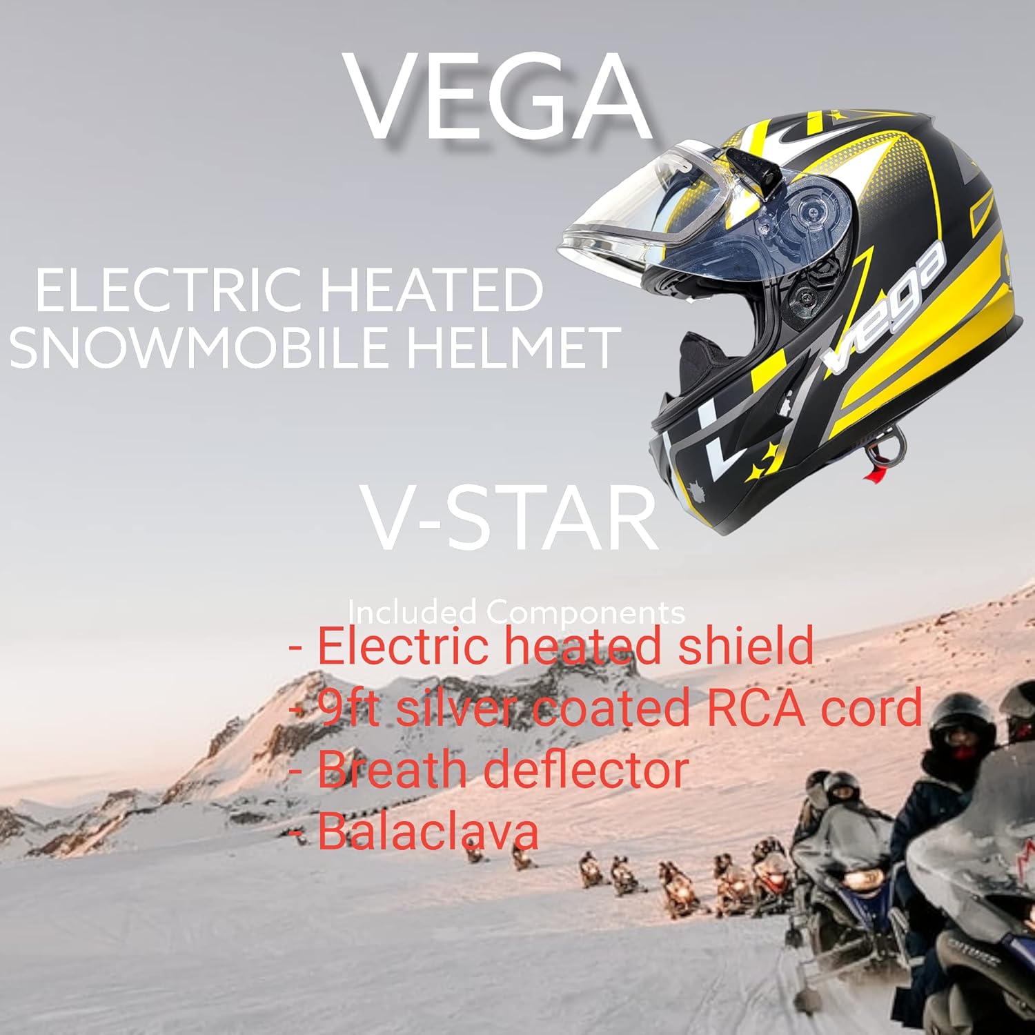 VEGA Helmets V-Star Snowmobile Helmet with Electric Heated Shield Evolution (9ft Silver Coated Heavy Duty RCA Jack Cord, Breath Deflector, Thin Balaclava Included)