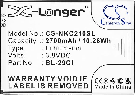 Cameron Sino 2700mAh / 10.26Wh Replacement Battery for Nokia C21, BL-29CI