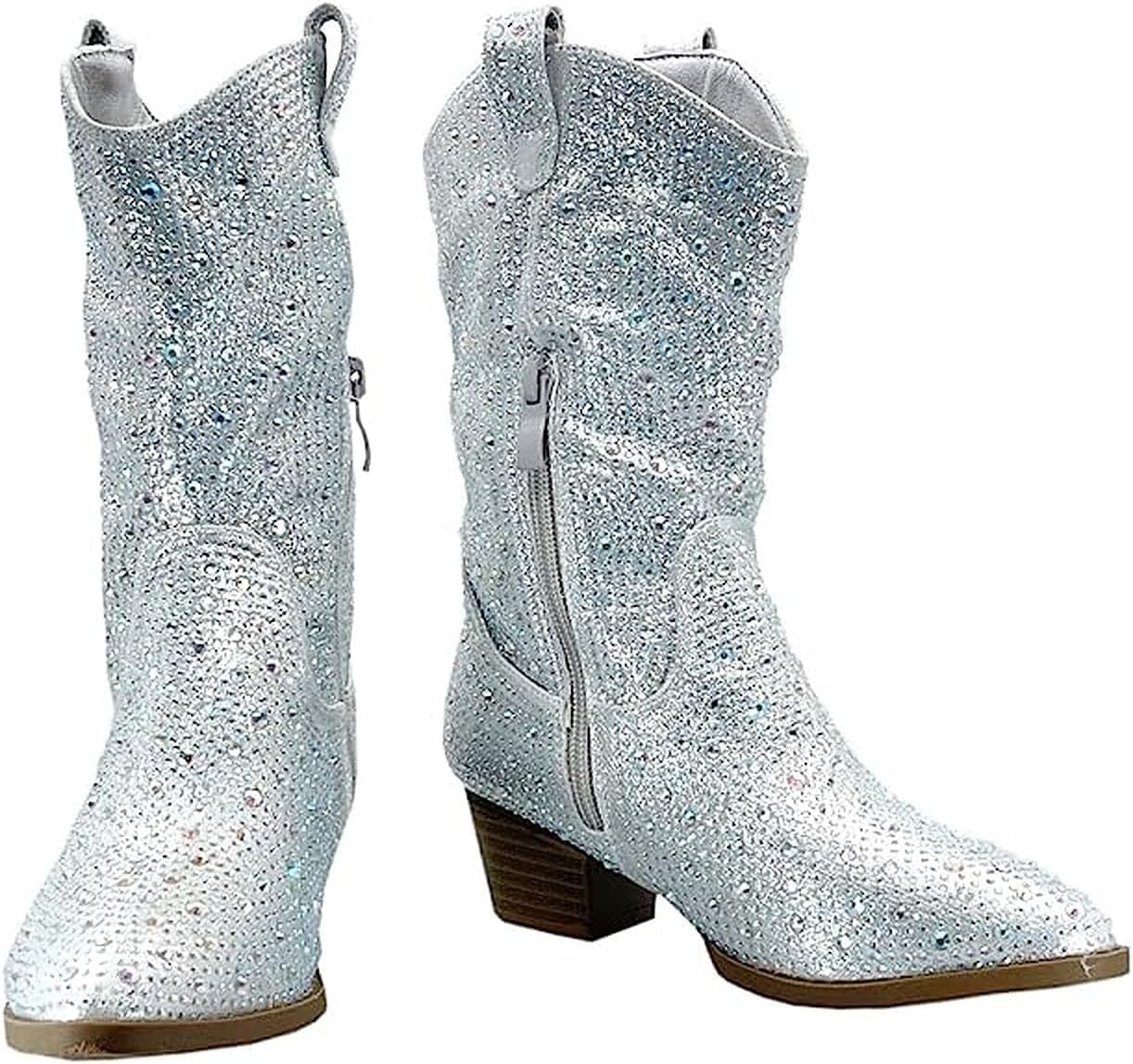 Forever Girls/Kids Rhinestone Western Cowgirl Cowboy Pointed Toe Low Heel Boots River-11K Silver 1