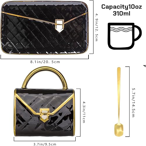 Miniatura 2 de FLLETY Taza de café, juego de taza de té, tazas de café, taza de viaje de cerámica, taza en forma de bolso con platillo y cuchara, tazas de