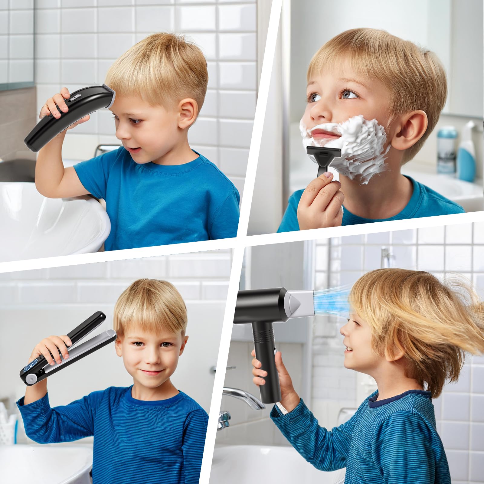 Tacobear Friseur Set Kinder Friseurkoffer Kit mit Haartrockner Elektrischer Rasierer Haarglätter Salon Haarstyling Zubehör Frisör Spielzeug Kinder Rollenspiel Geschenk für Jungen ab 3 4 5 6 7 8 Jahren