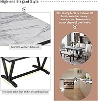 Vista 4 de Juego de mesa de comedor para 6, mesa de comedor rectangular de madera con 4 sillas tapizadas y un banco, mesa de chapas de mármol con patas de mesa