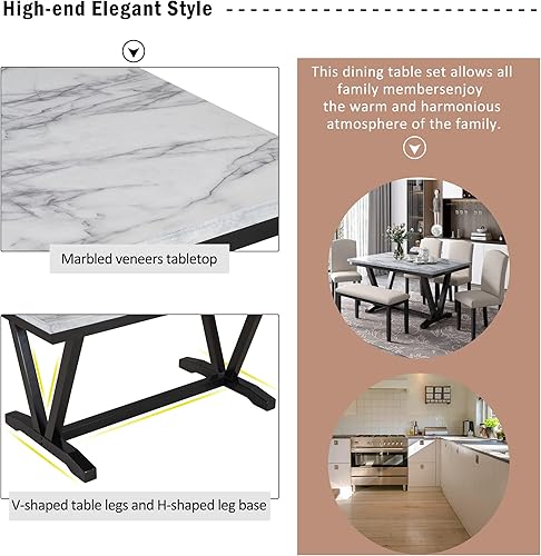 Miniatura 4 de Juego de mesa de comedor para 6 mesa de comedor rectangular de madera con 4 sillas tapizadas y un banco mesa de chapas de mármol con patas de mesa