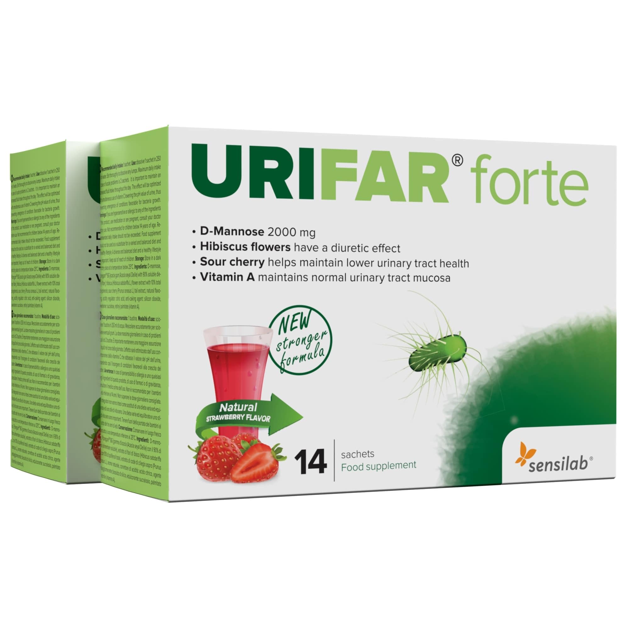D Mannose 2000 mg Sensilab Urifar Forte - Delicious Strawberry Drink with Vitamin A, Hibiscus and Sour Cherry Extract for Urinary Tract - 28 sachets