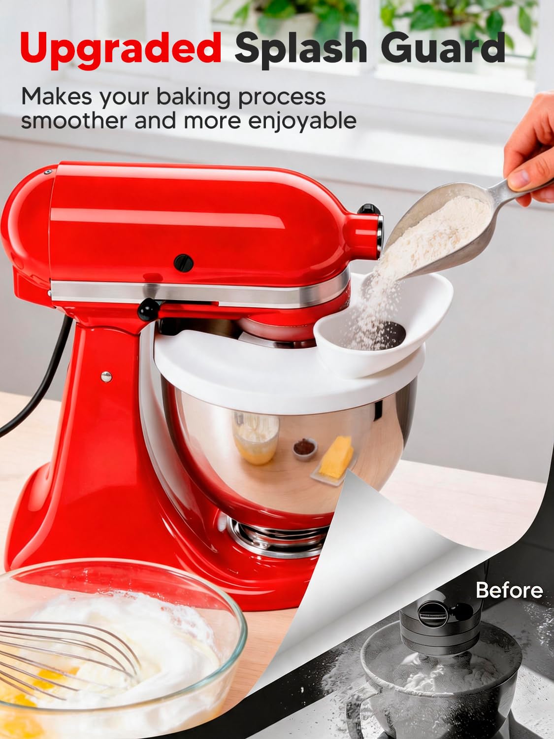 Kitchen Aid - Protector de salpicaduras de silicona para batidora de pie y batidora de cabeza inclinada, 4.5-5 cuartos de galón, escudo de vertido y embudo de harina, accesorios y accesorios de