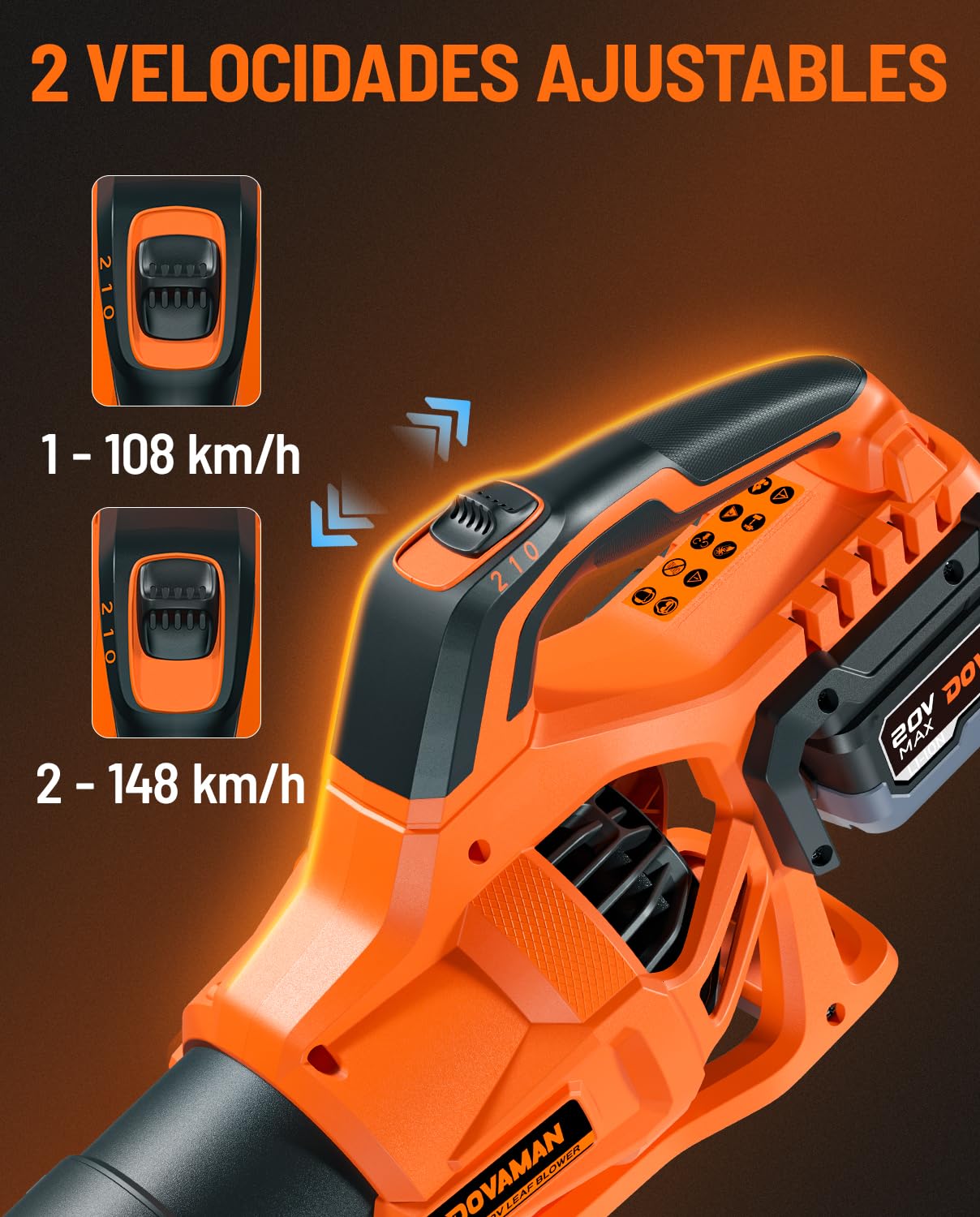 DOVAMAN Soplador de Hojas Inalámbrico 20V, Flujo de Aire Potente 744 m³/h, Batería 4.0Ah con Cargador Rápido, 2 Velocidades, Ligero y Portátil, Soplador para Jardín, Césped, Terraza y Garaje