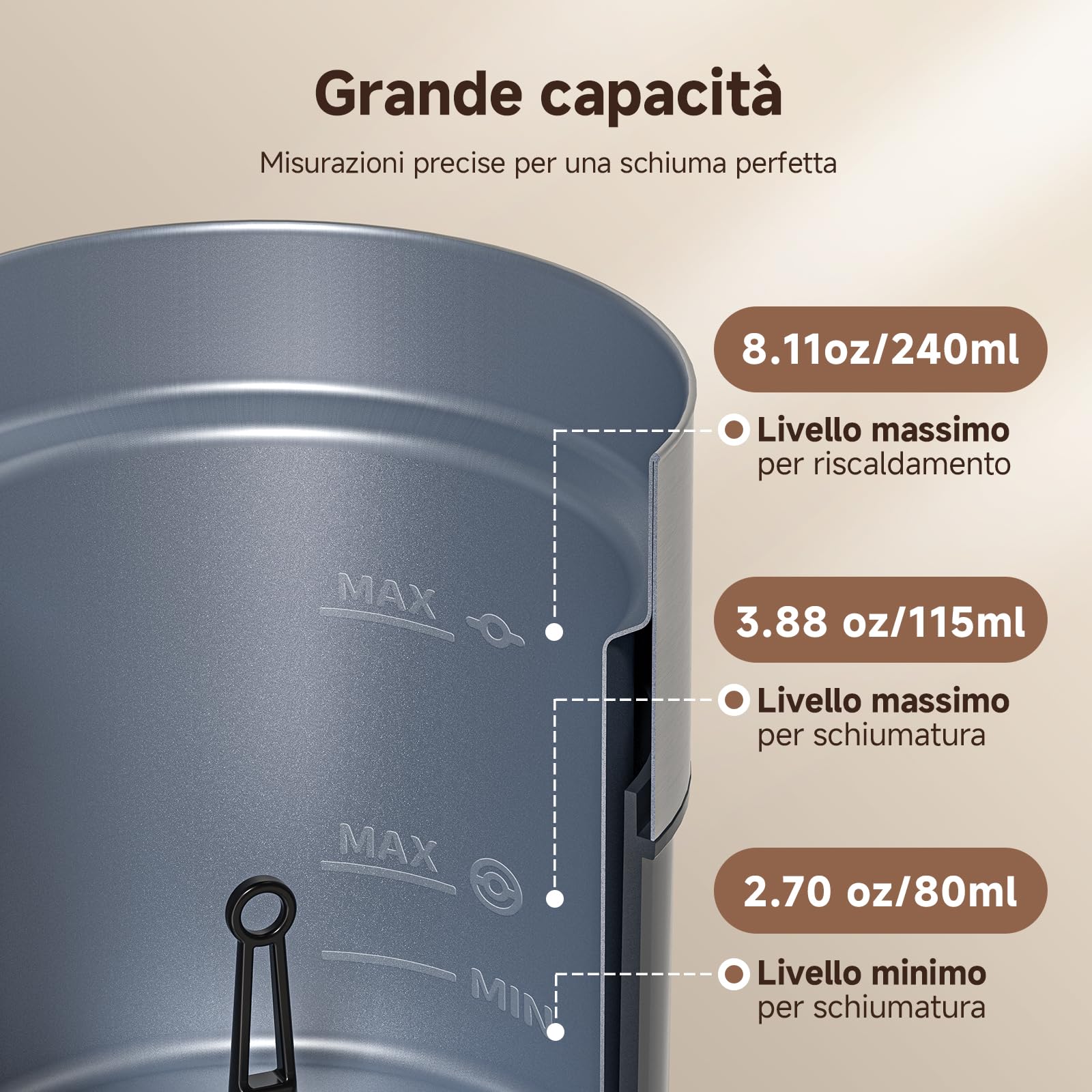 AMZCHEF Montalatte Elettrico 4 in 1 IPX6 – Schiumalatte Caldo e Freddo in 80s, 240ml/115ml – Inox, Facile da Pulire, per Cappuccino, Caffè e Bevande Calde