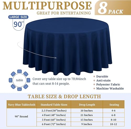 Miniatura 62 de Paquete de 8 manteles redondos blancos de 90 pulgadas, manteles redondos de poliéster lavables para mesa de tela decorativa resistente a
