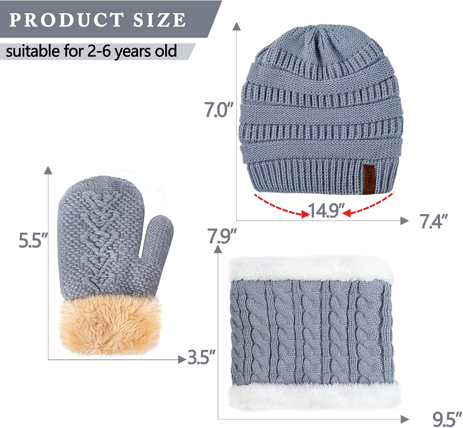 3Pcs Kids Winter Beanie Hat Scarf Gloves Set for 2-6-10-14 Years Old Boys Girls, Knit Thick Warm Fleece Lined Thermal Sets - Image 6