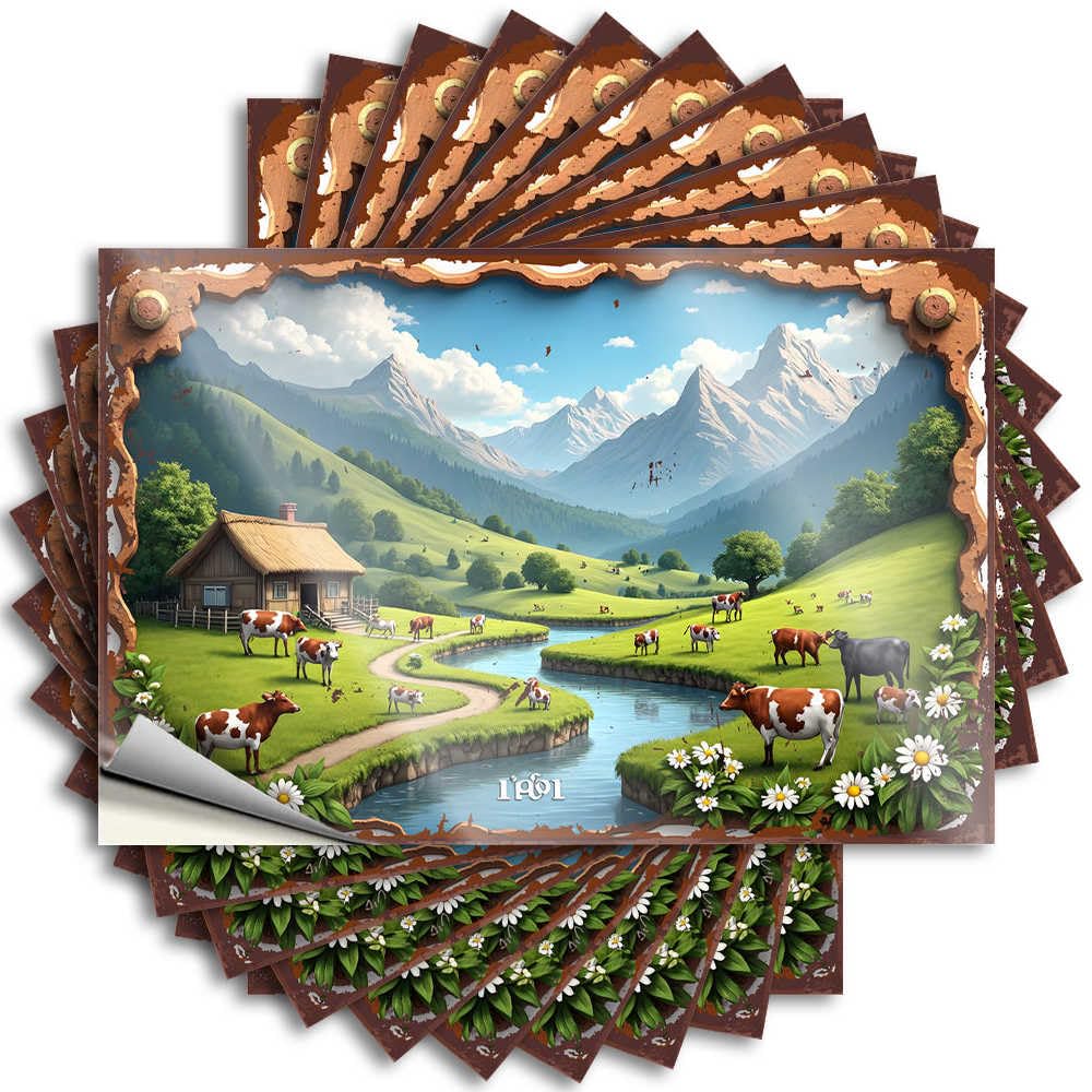 Bumper Life Peel and Stick - Pastoral Scene with Cows, River, Mountains, and Flowers Cover Cozy Waterproof Vinyl for Winter(12X18CM)
