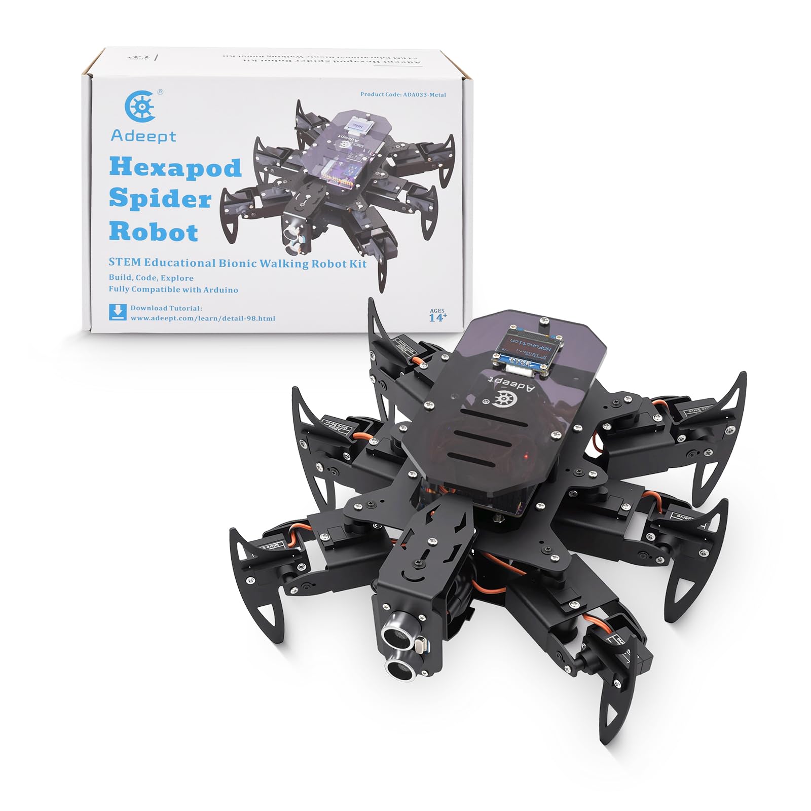 Adeept Ultimate Hexapod Spider Robot Kit, cuerpo de metal, programación Arduino, control remoto WiFi/IR con pantalla OLED, Python/APP, kit de robótica educativa STEM para adultos y adolescentes con