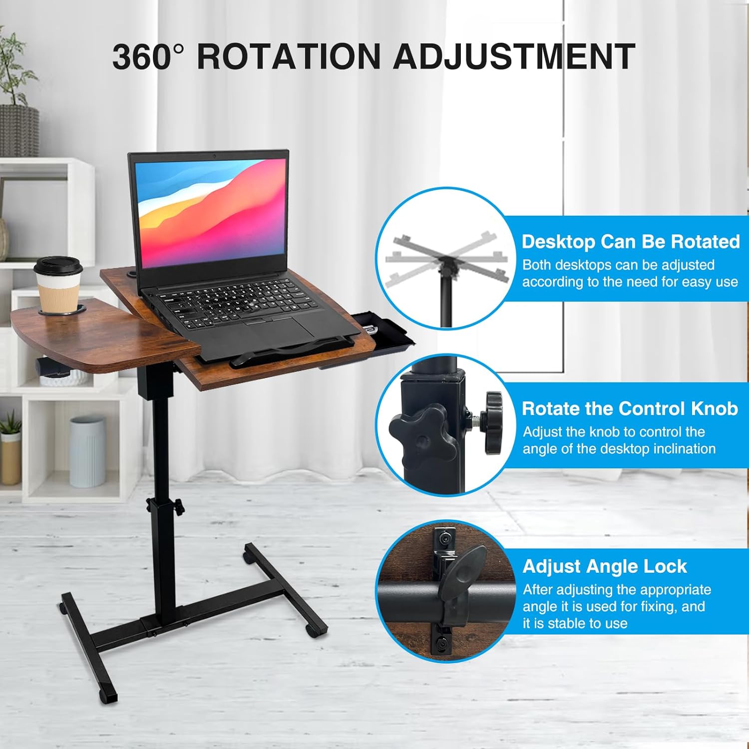 Overbed Table Height Adjustable Bedside Table Hospital Bed Table with 2 Tilting Desktops Mobile Laptop Desk with 2 Tilting Desktops Cup Holder Drawer for Office Home and Hospital