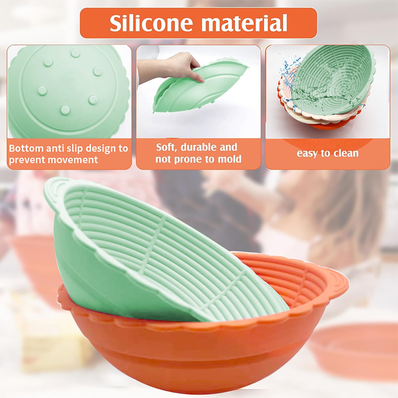 Cestini Llievitazione Pane, Set di 2 Cestini per la Cottura del Lievito Madre in Silicone Banneton Rotondi Ovali con Raschietto per Frusta per Impasto, Spazzola per la Pulizia del Pane