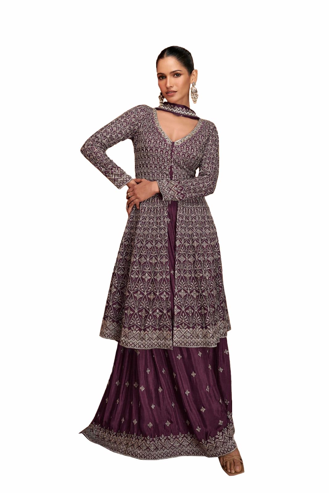miss ethnik Women's Purple Chinon Stitched Top with Stitched Chinon Bottom and Chinon Dupatta Full Sleeve Embroidered Flared Kurta (ME-1235)-picture-51