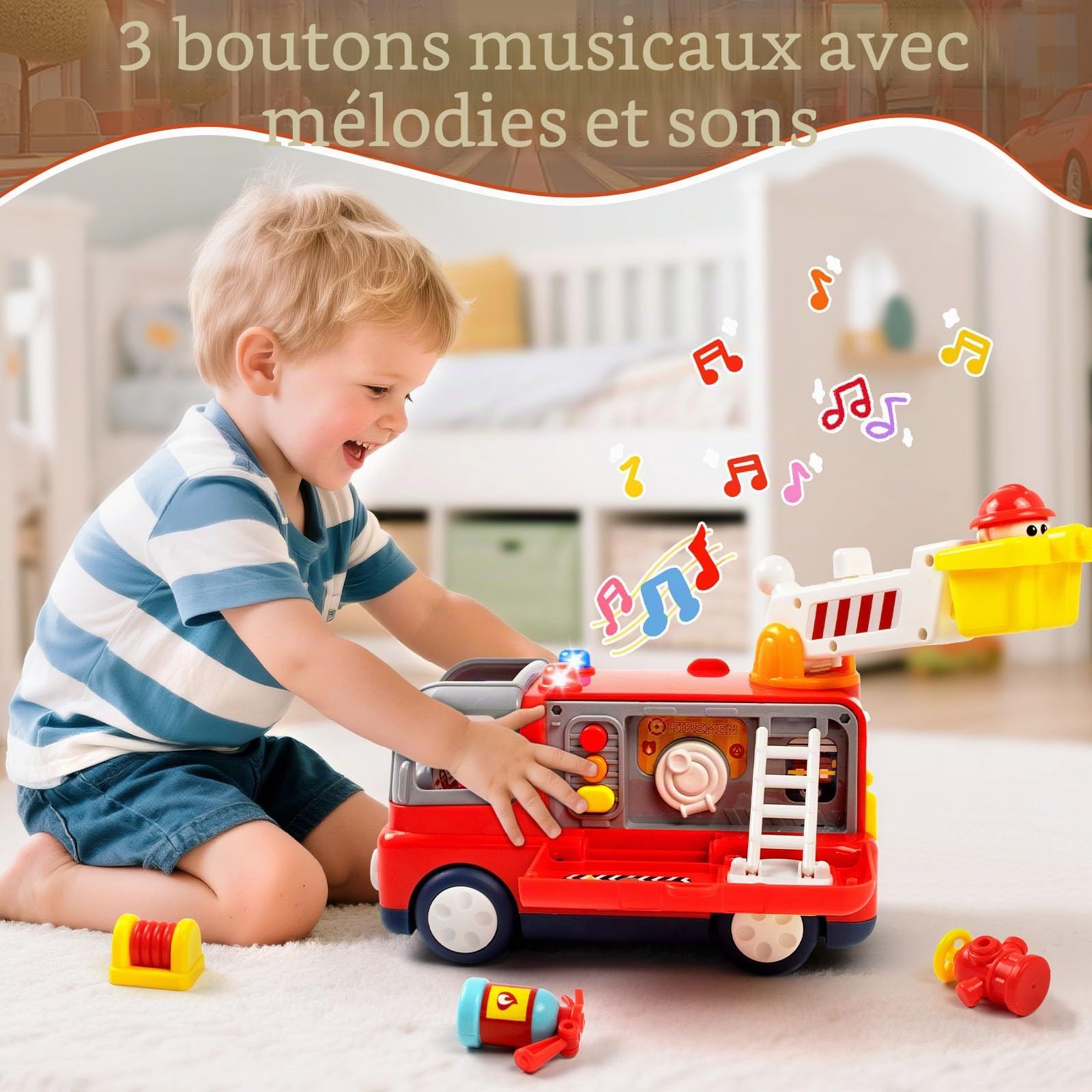 Marstone Camion de Pompier Jouet Enfant 1 2 3 4 Ans Voiture de Pompiers avec Lumières et Sons, Jouet Montessori avec Accessoires et Figurine, Jouet Éducatif Cadeau Garçon Fille, Cadeaux pour Garçons