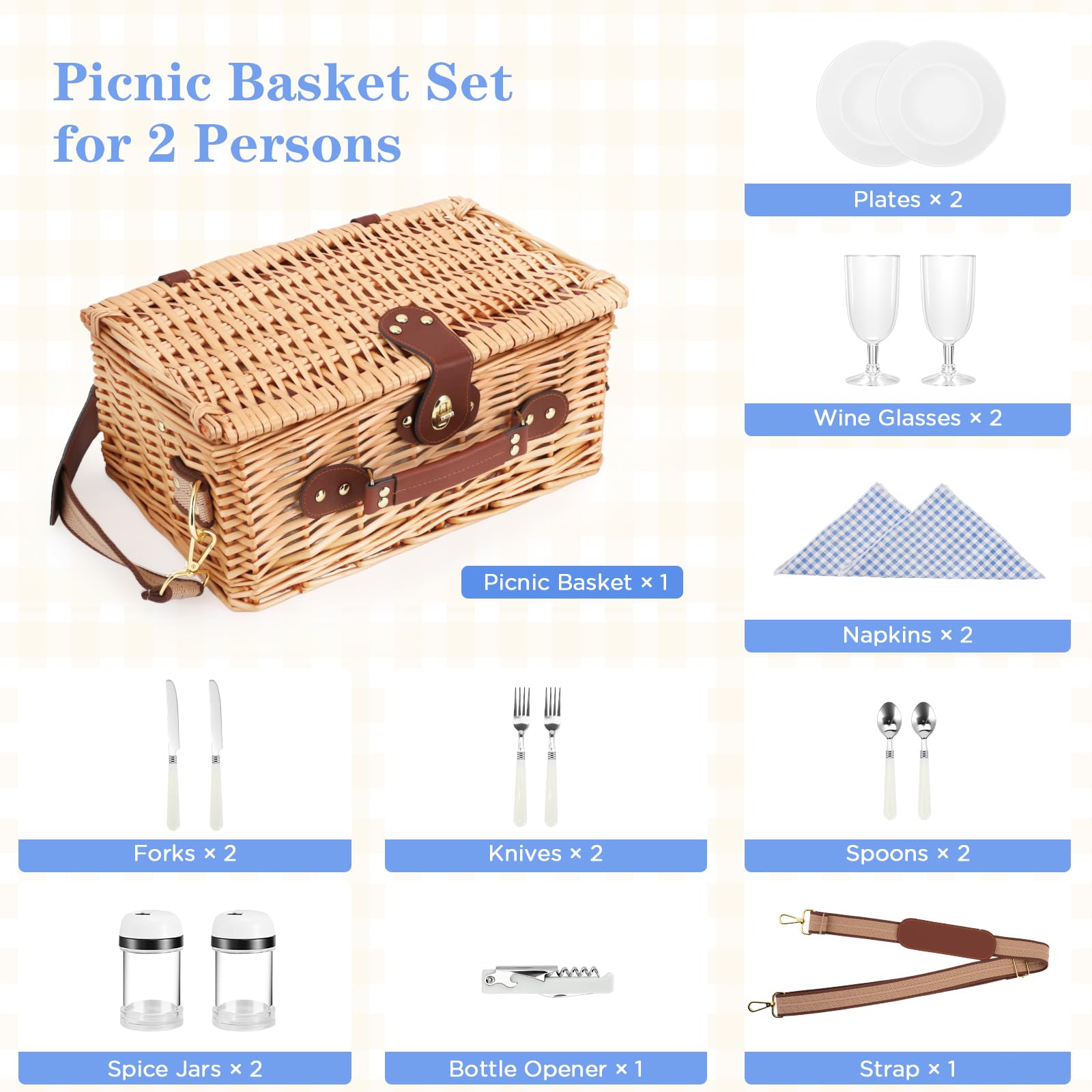 Cesto da Picnic in Vimini per 2 Persone con Scomparto Termico, Blu