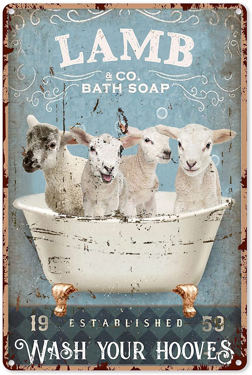 Vintage Signs Metal Signs Lamb Sheep Co.Bath Soap Established Wash Your Hooves Tin Sign Wall Art Metal Poster for Home Bar Cafe Garage Bathroom 30x47 cm