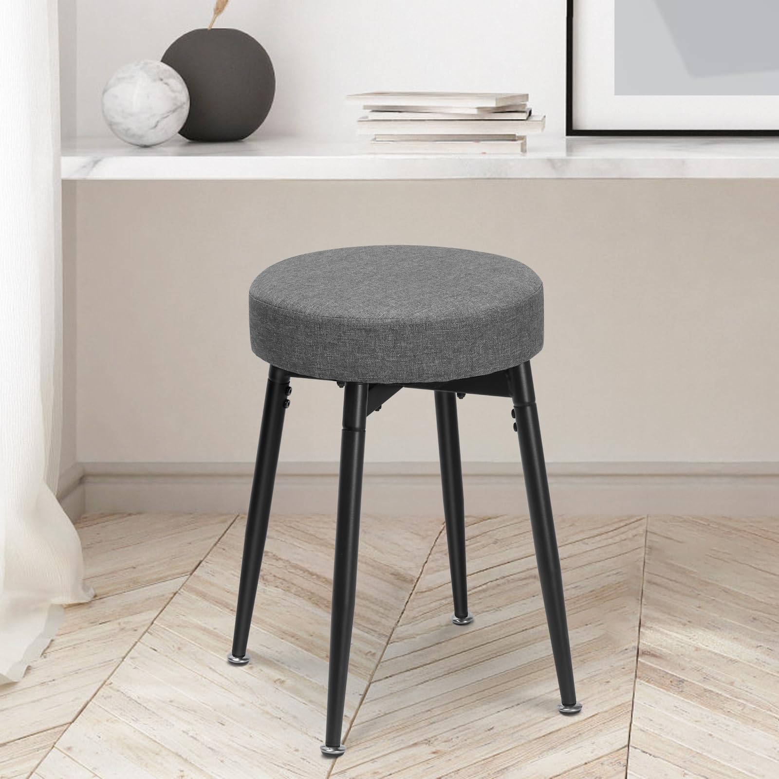 FLYZC 360° Swivel Vanity Stool, Vanity Chair Stools for Makeup Room, Round Linen Makeup Chair, Modern Small Ottoman Foot Rest Bench with Metal Legs